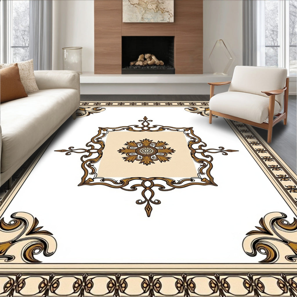 Ornate Golden Floral Medallion Border Rug