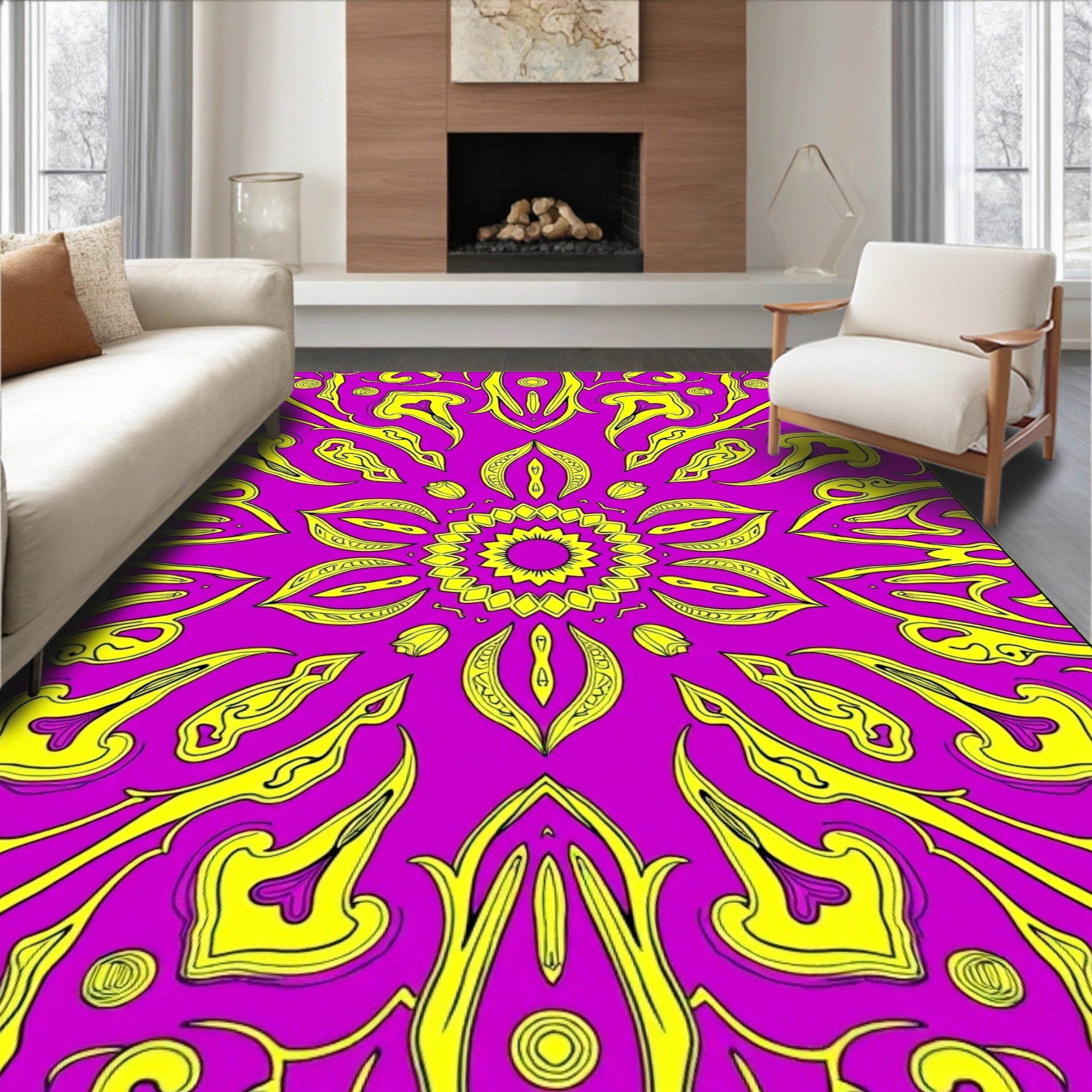 Bright Fuchsia Yellow Symmetrical Bloom Rug