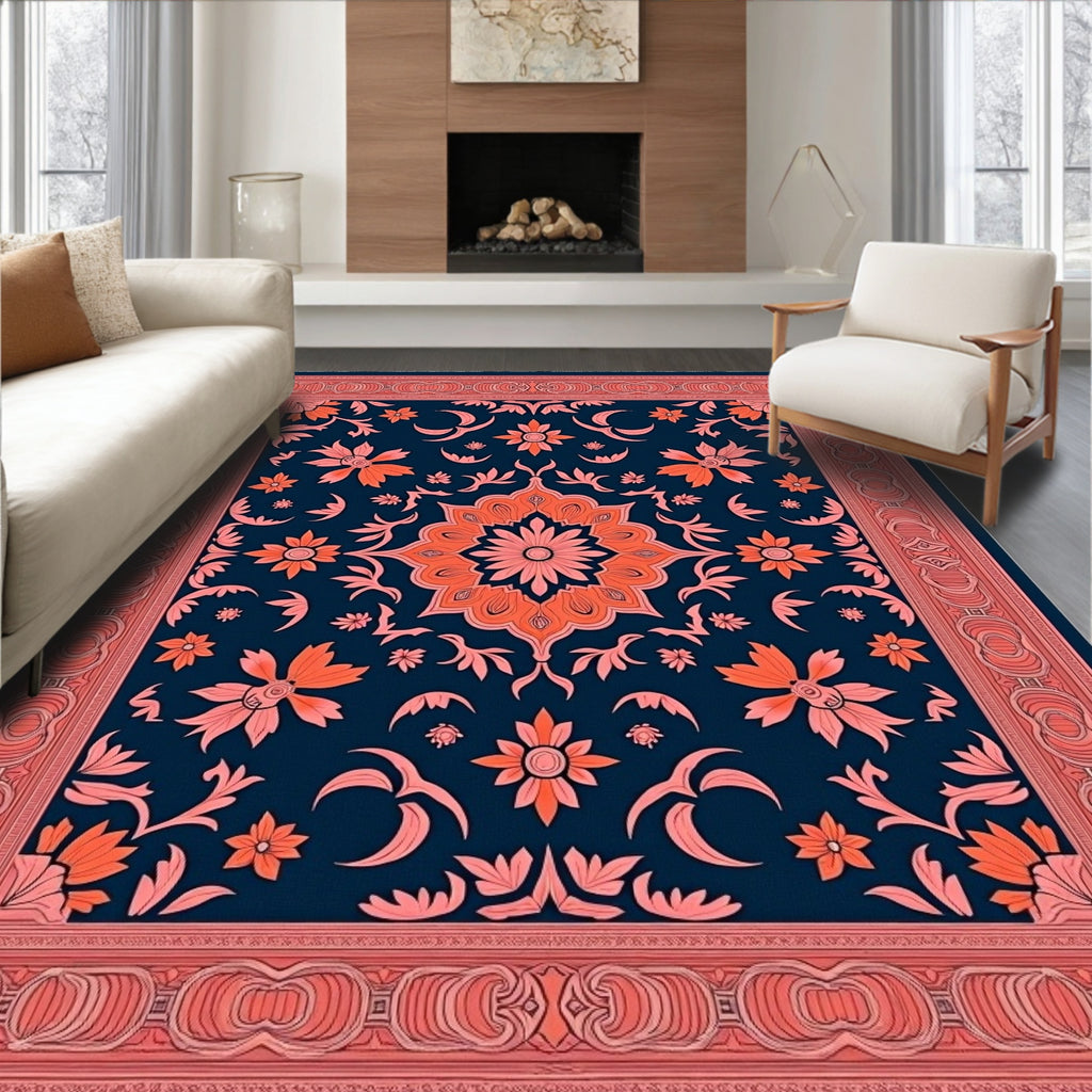 Coral Floral Medallion Navy Rug