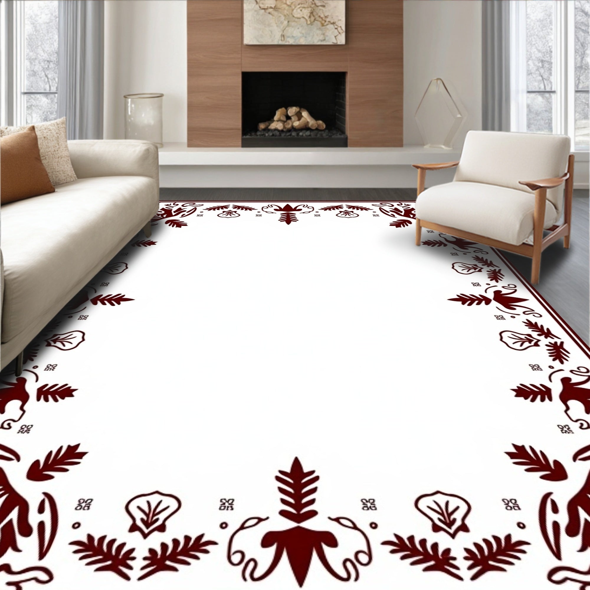 Deep Maroon Ornate Floral Border Rug