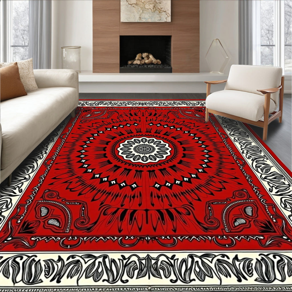Crimson Black Floral Medallion Border Rug