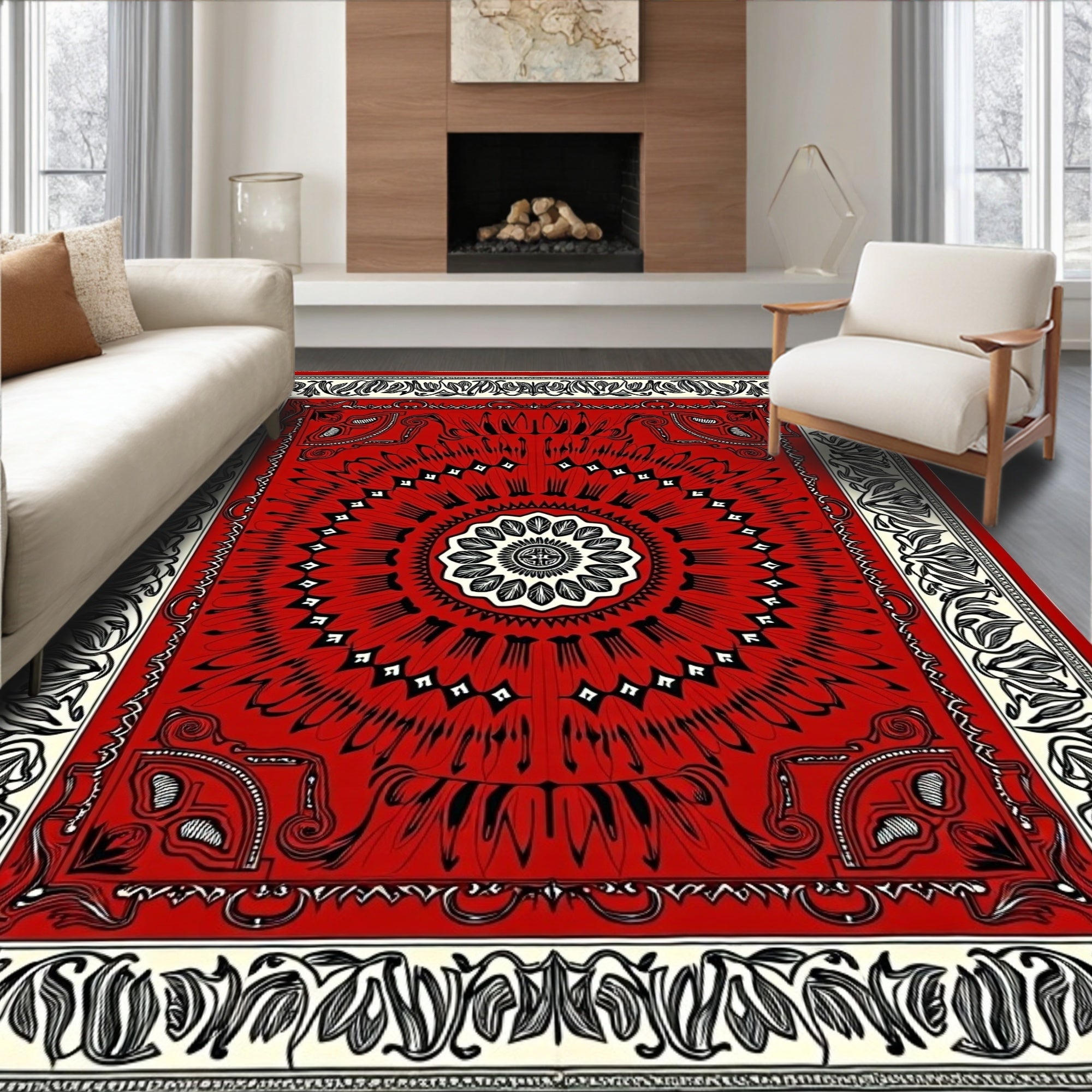 Crimson Black Floral Medallion Border Rug