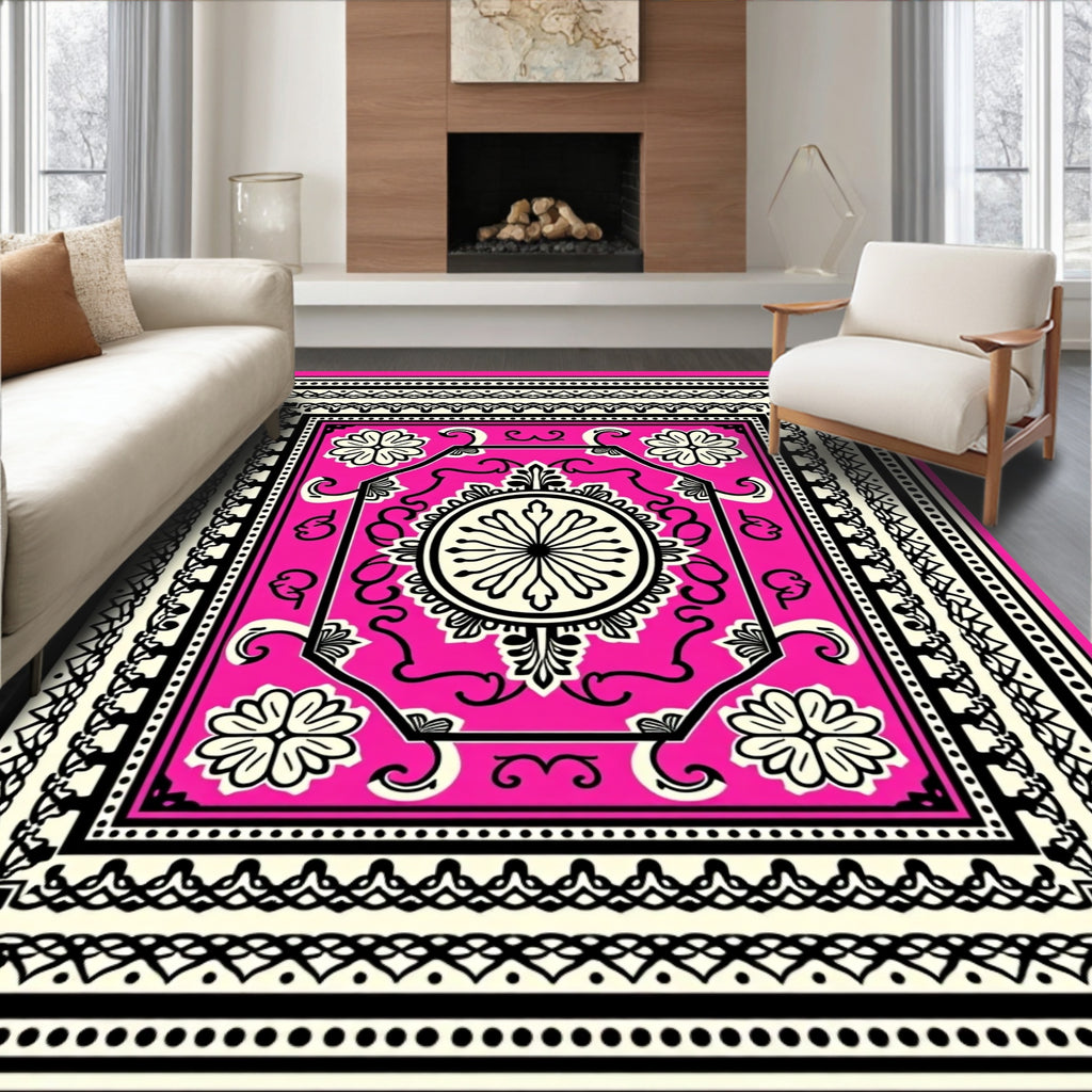 Vibrant Pink Floral Medallion Border Rug
