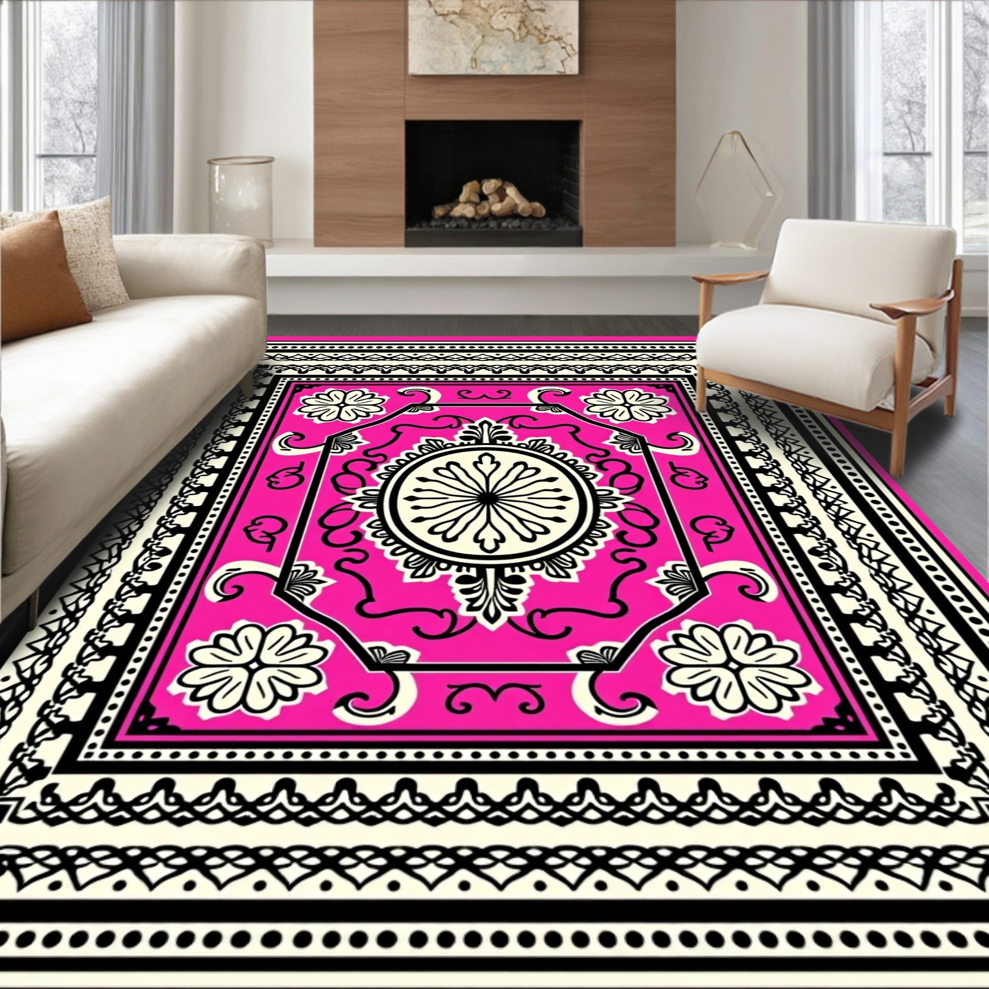 Vibrant Pink Floral Medallion Border Rug