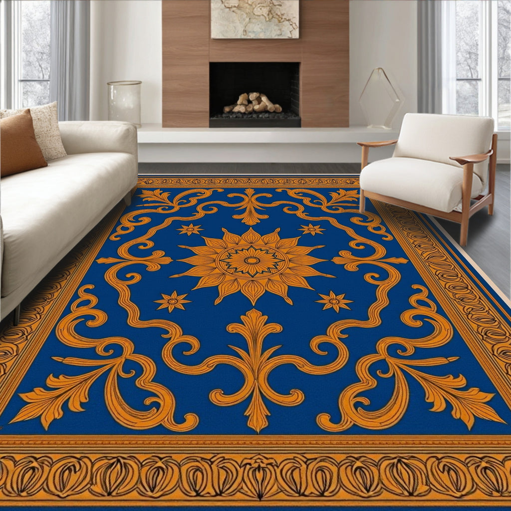 Ornate Golden Sun Blue Medallion Rug