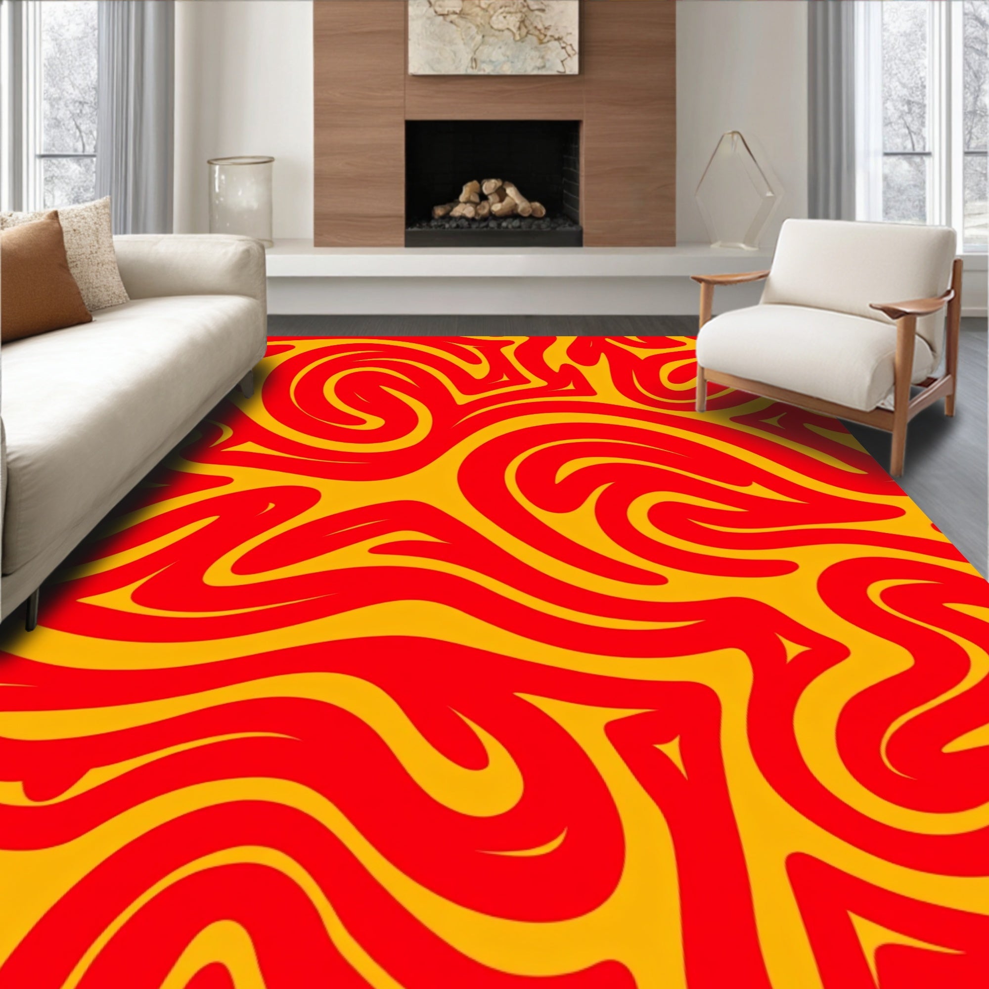 Bold Red Yellow Swirling Abstract Rug