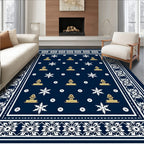 Navy Gold White Floral Border Geometric Rug