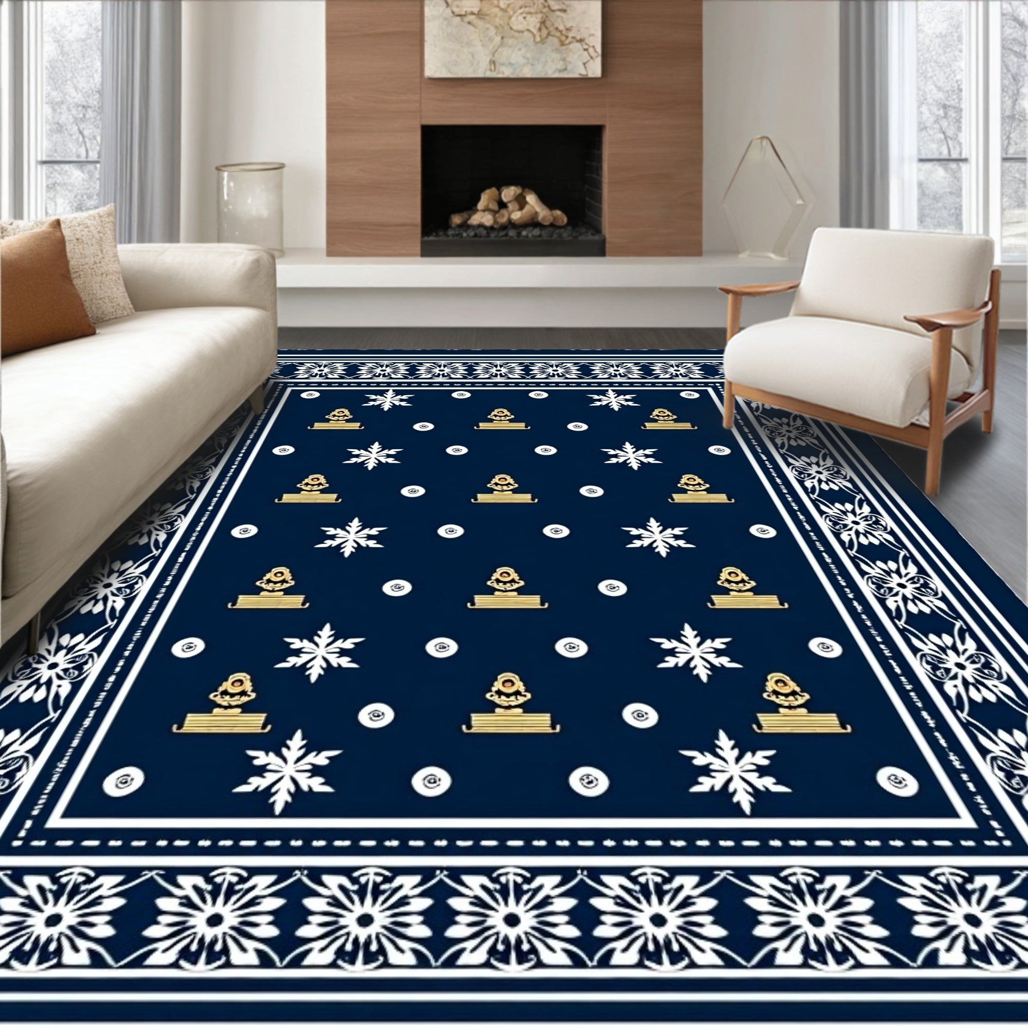 Navy Gold White Floral Border Geometric Rug