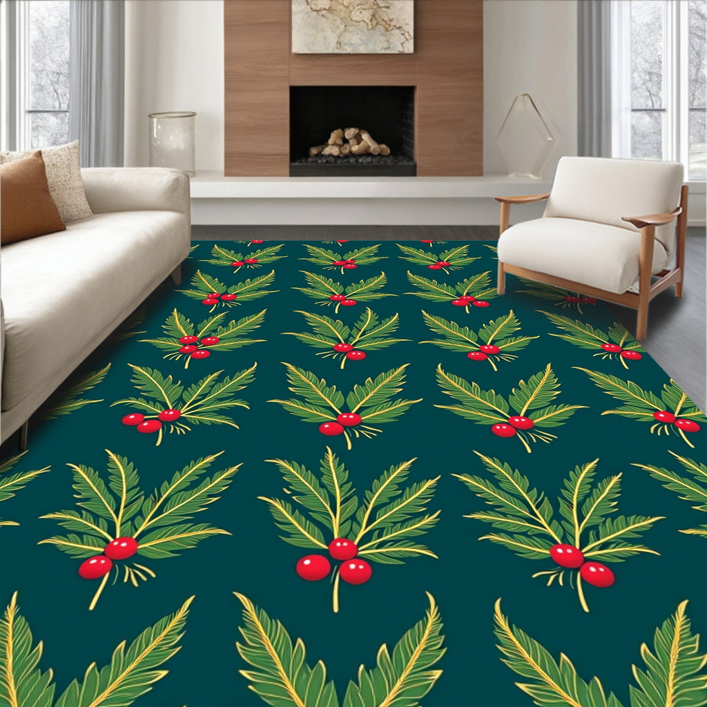 Emerald Green Holly Berry Illustration Rug