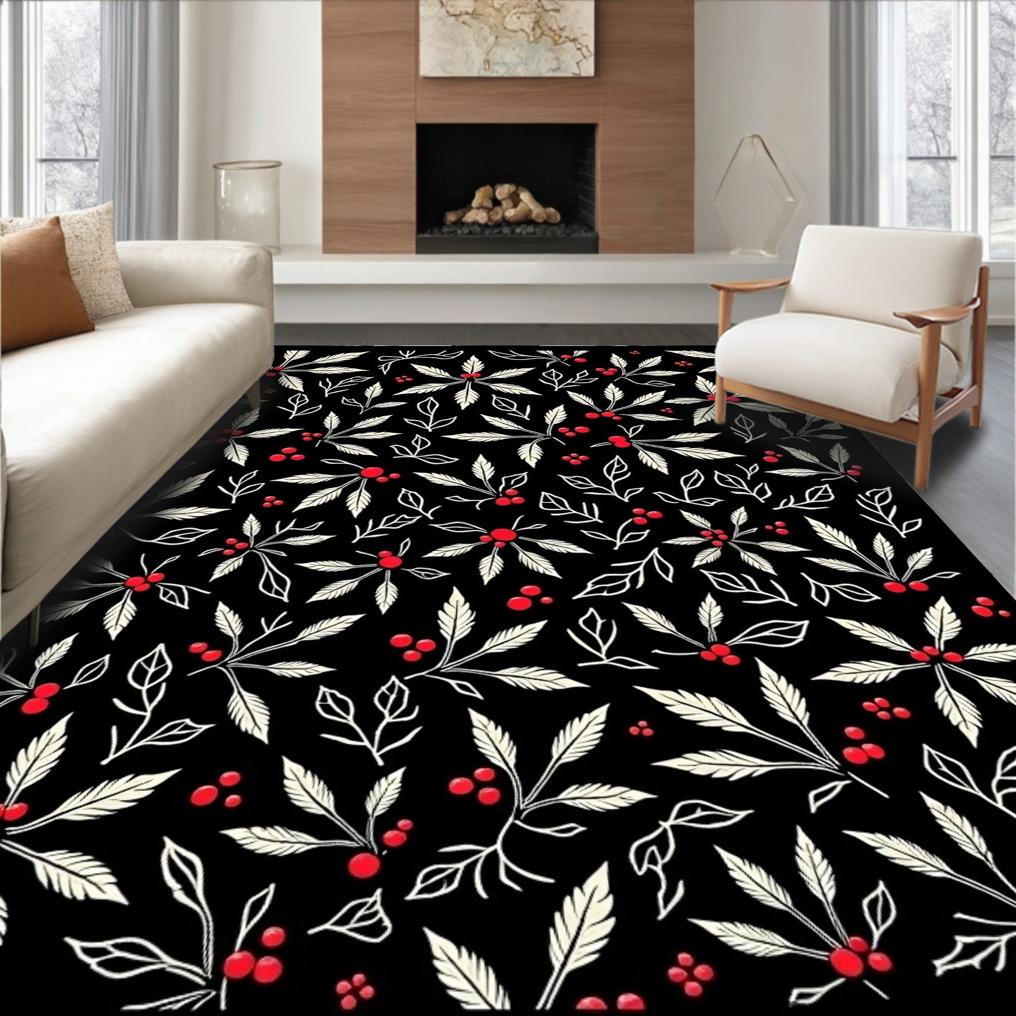 Christmas Holly Berry Leaf Garland Rug