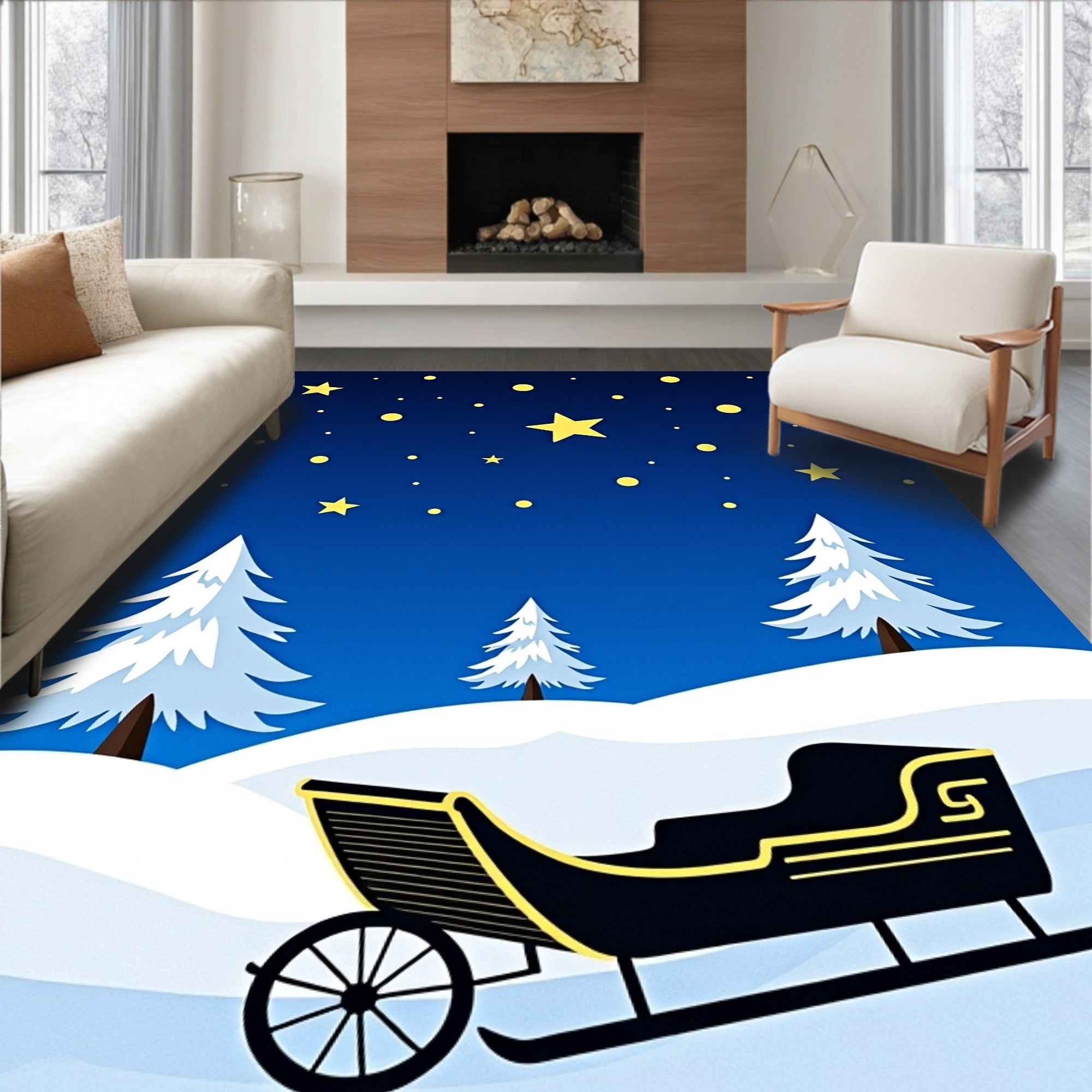 Winter Night Sleigh Stars Snowscape Rug