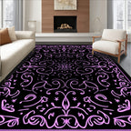 Pink Floral Scrollwork Black Rug