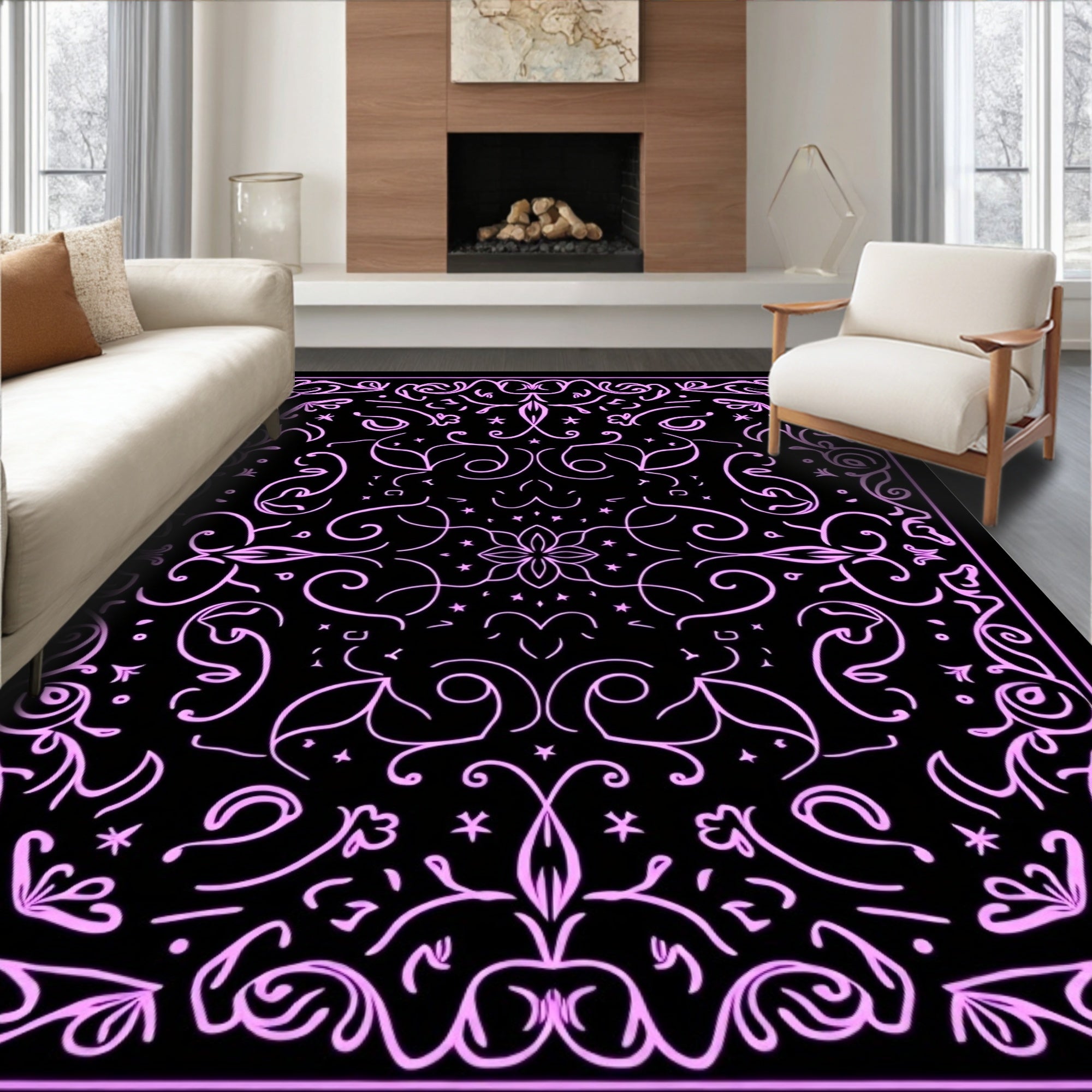 Pink Floral Scrollwork Black Rug