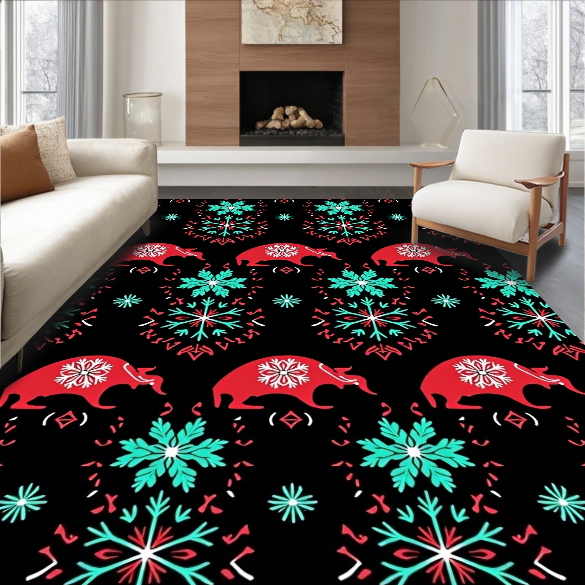 Crimson Bull Snowflake Folk Art Rug