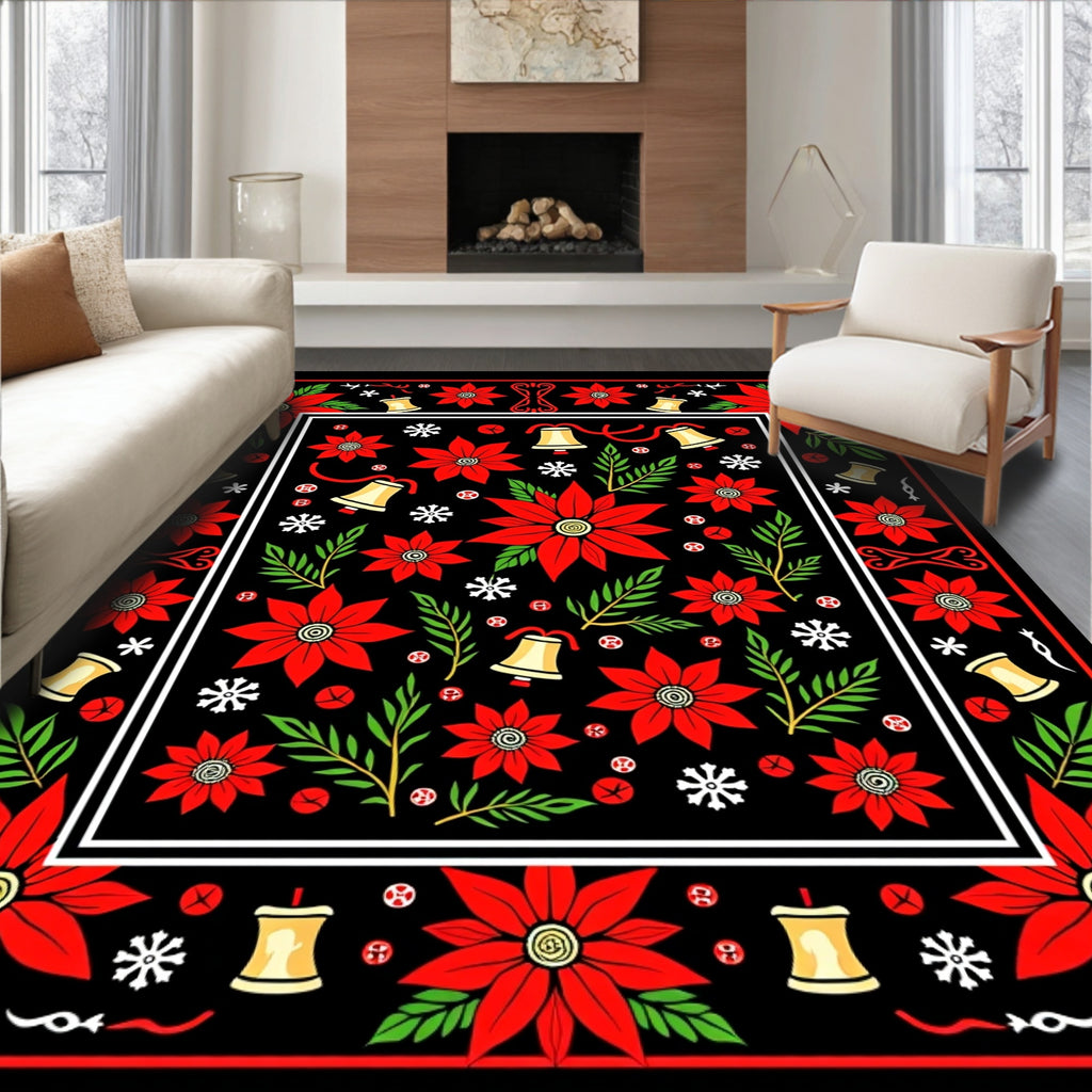Red Poinsettia Bell Snowflake Medallion Rug