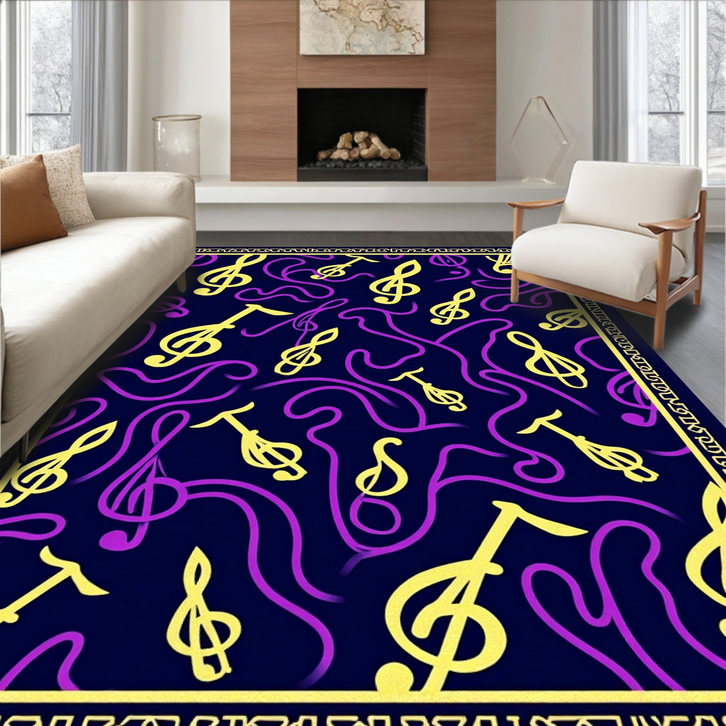 Vibrant Yellow Purple Musical Notes Rug