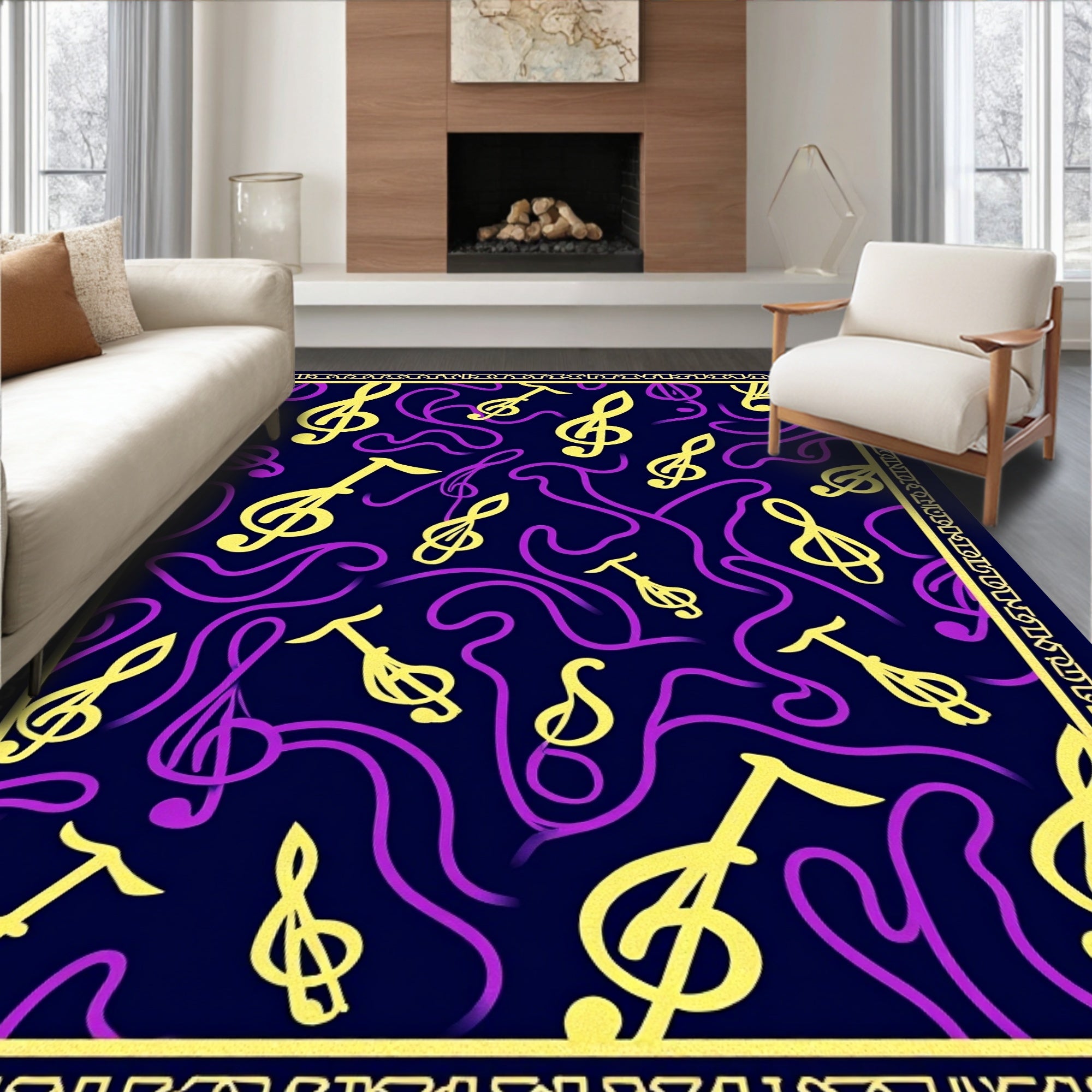 Vibrant Yellow Purple Musical Notes Rug