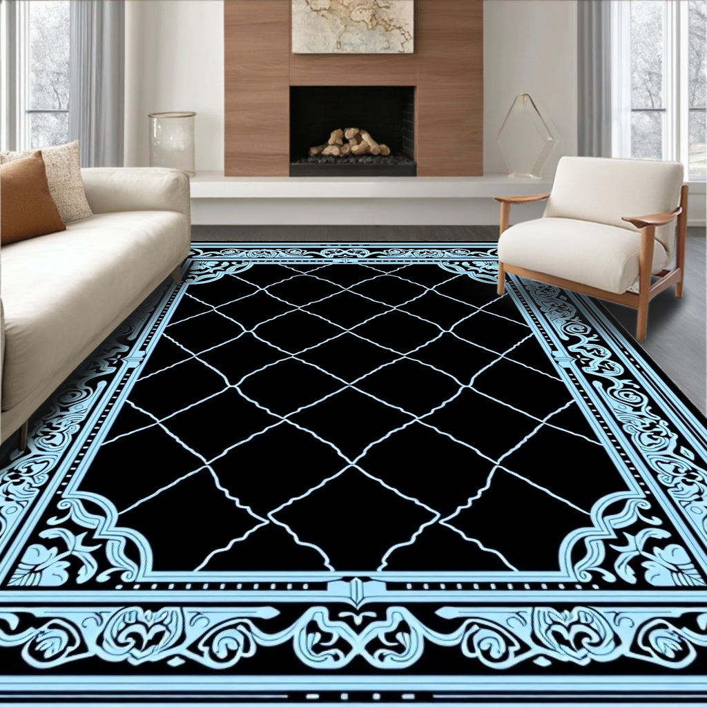 Black Light Blue Scrollwork Diamond Lattice Rug