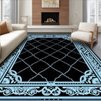 Black Light Blue Scrollwork Diamond Lattice Rug