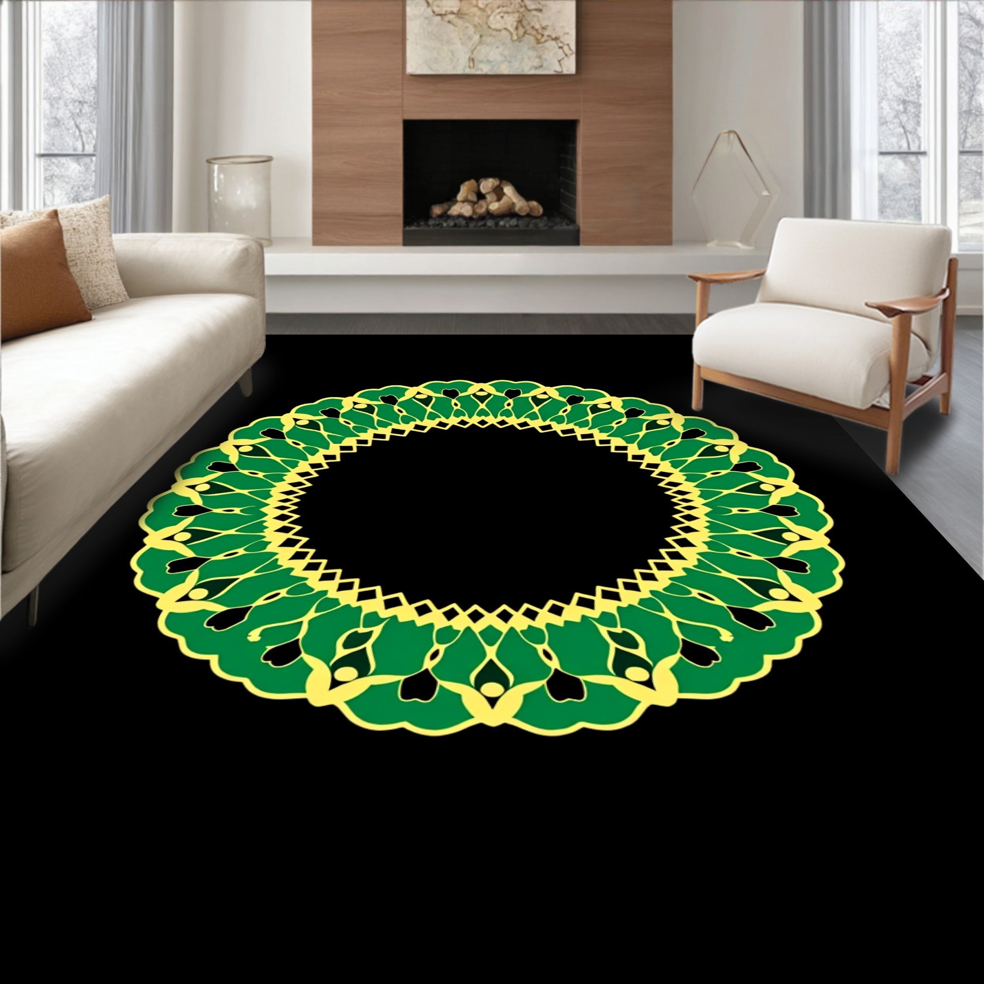Vibrant Green Yellow Sunburst Mandala Rug