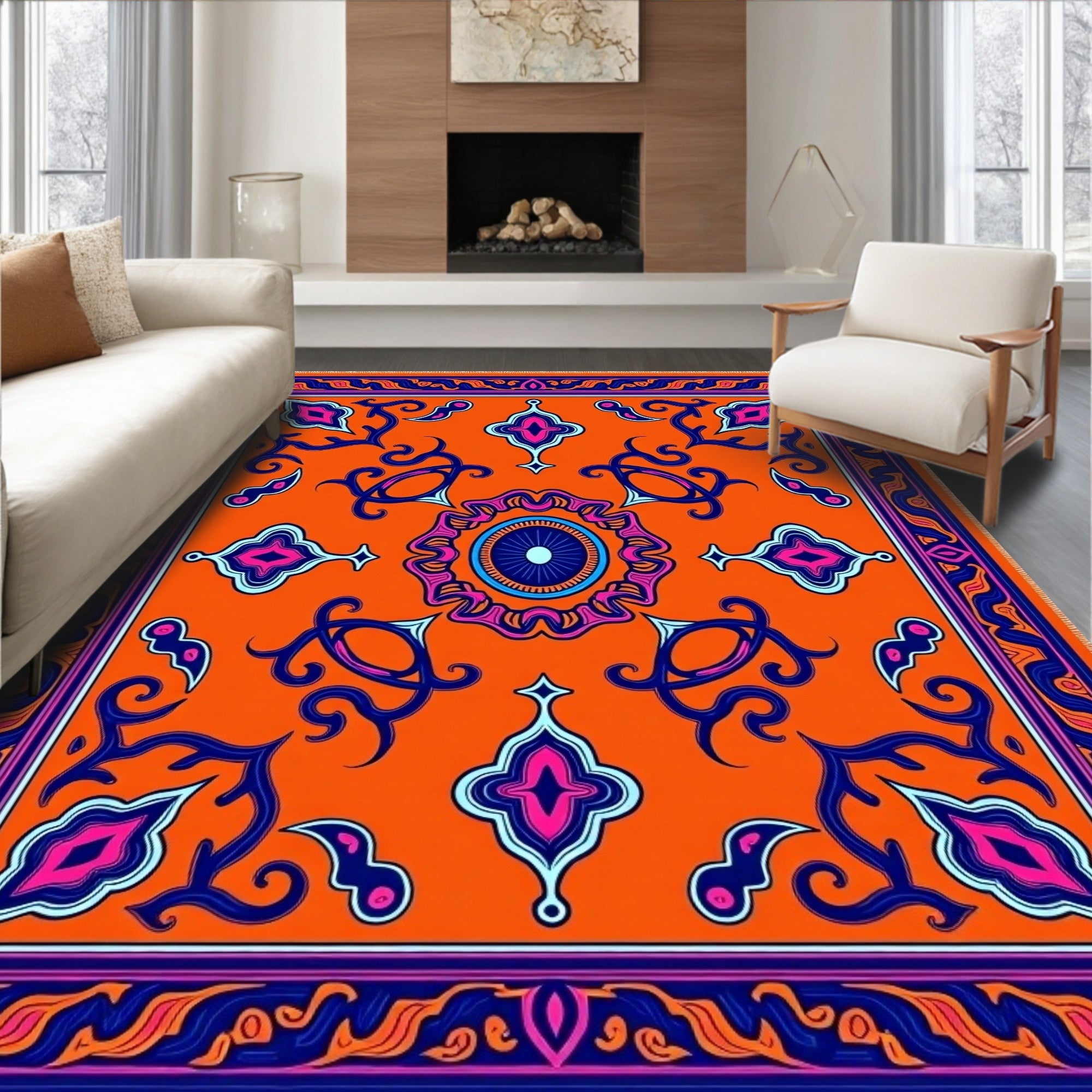 Vibrant Orange Floral Medallion Rug