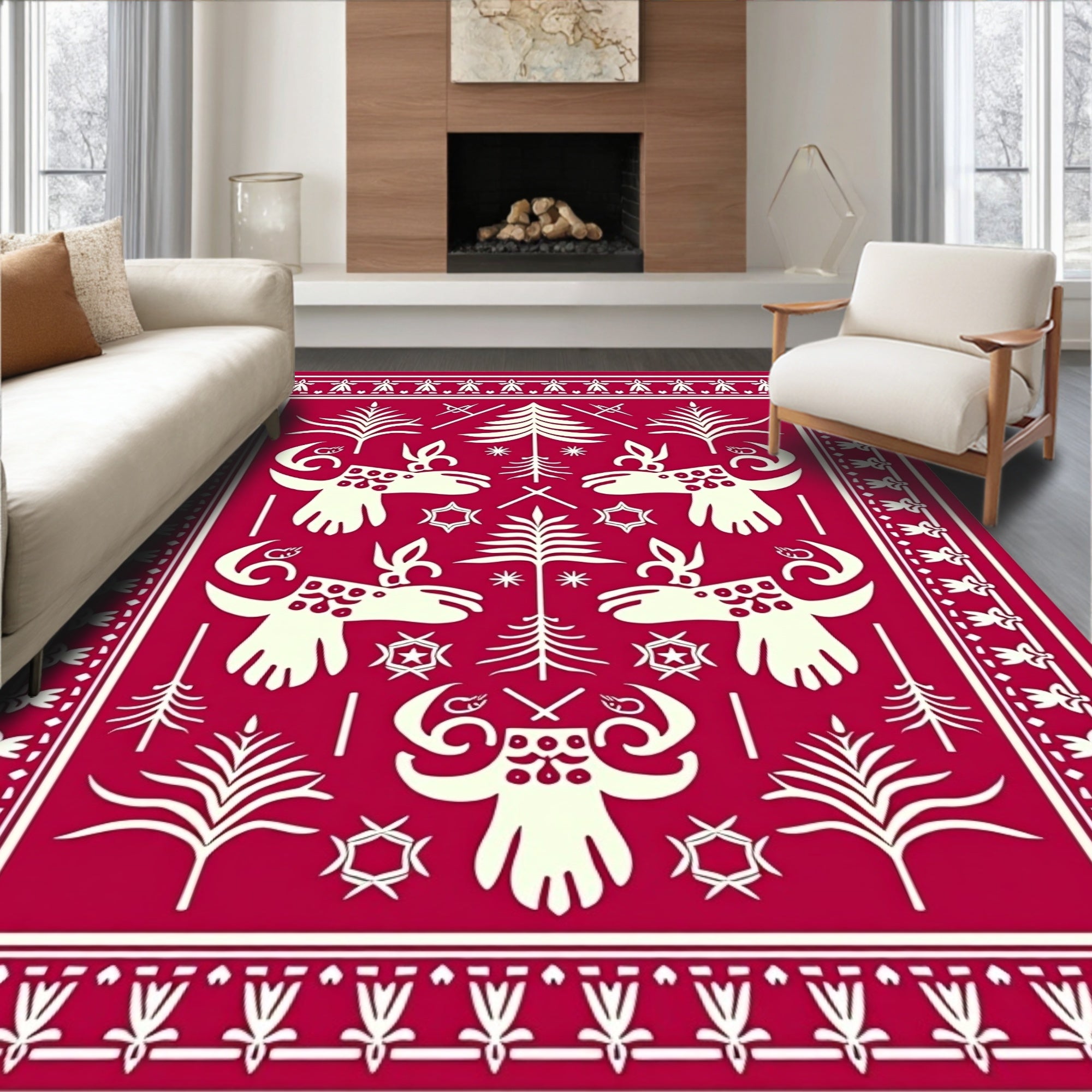 Crimson Folk Reindeer Forest Accents Rug