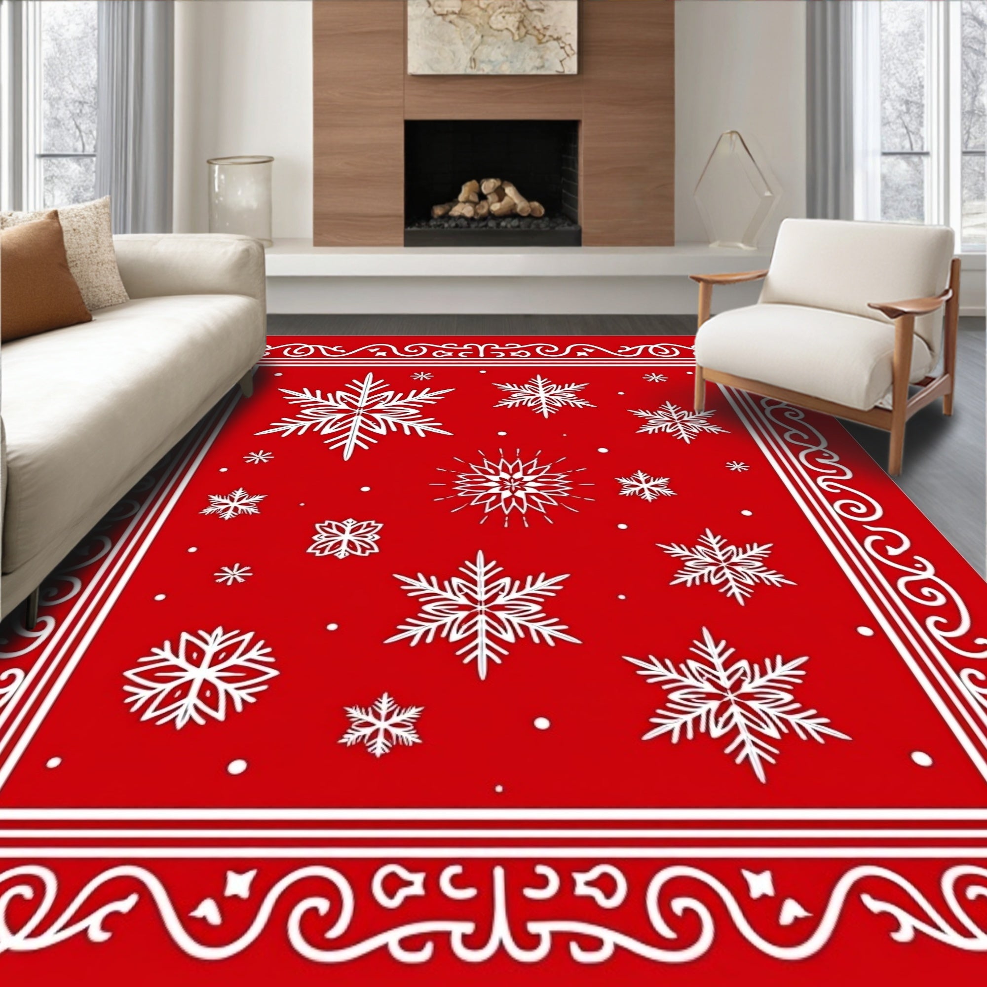 Crimson Red Snowflake Border Rug
