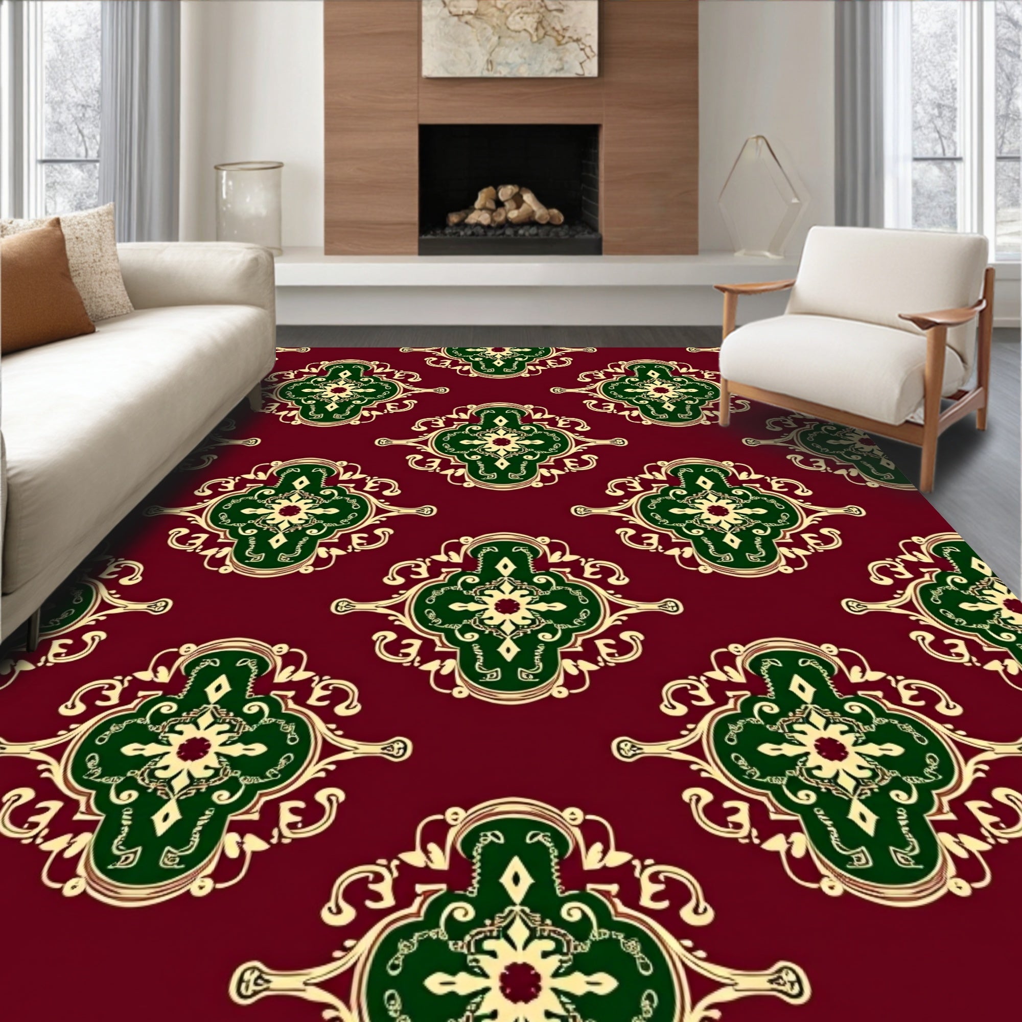 Gothic Green Medallion Burgundy Rug