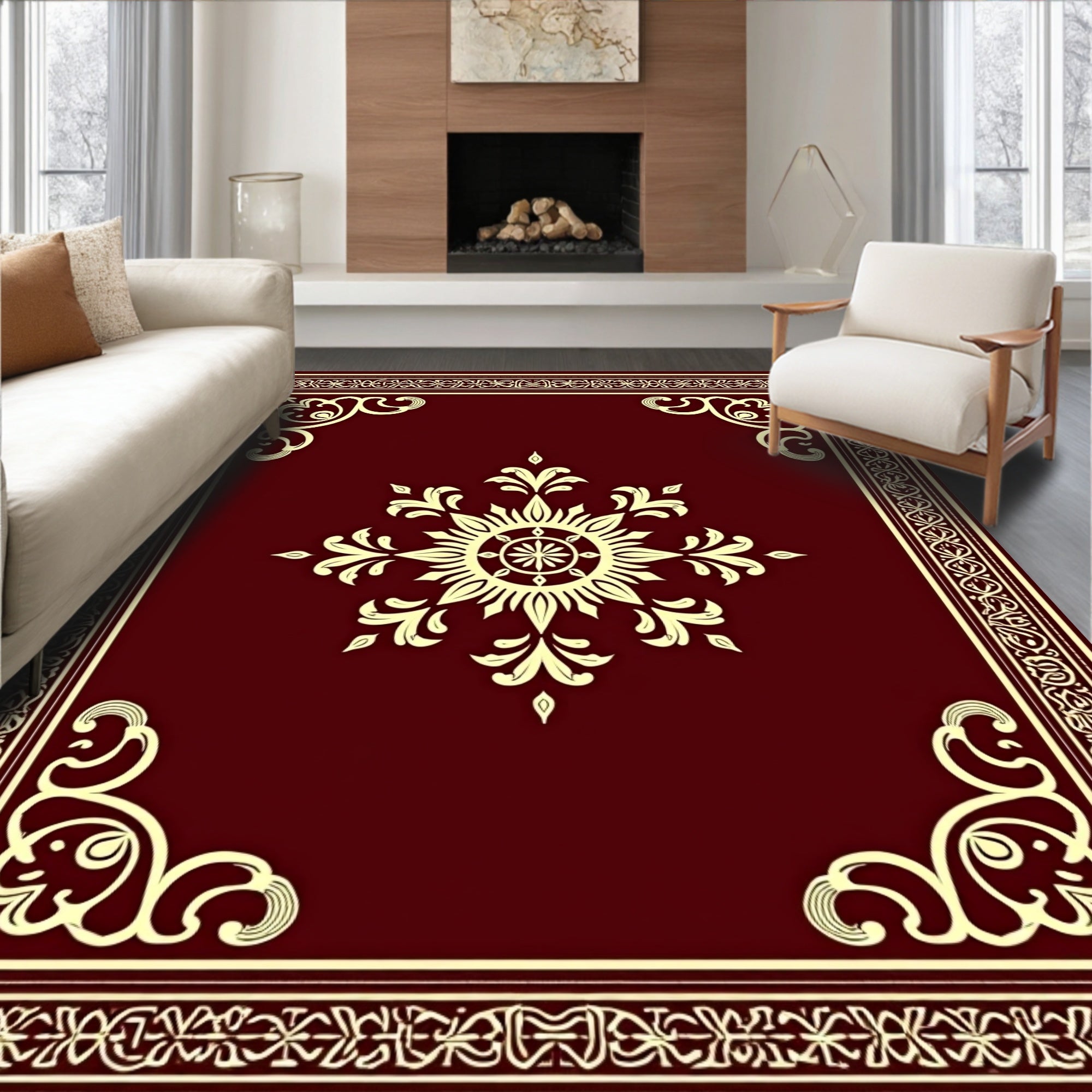 Crimson Medallion Golden Border Rug