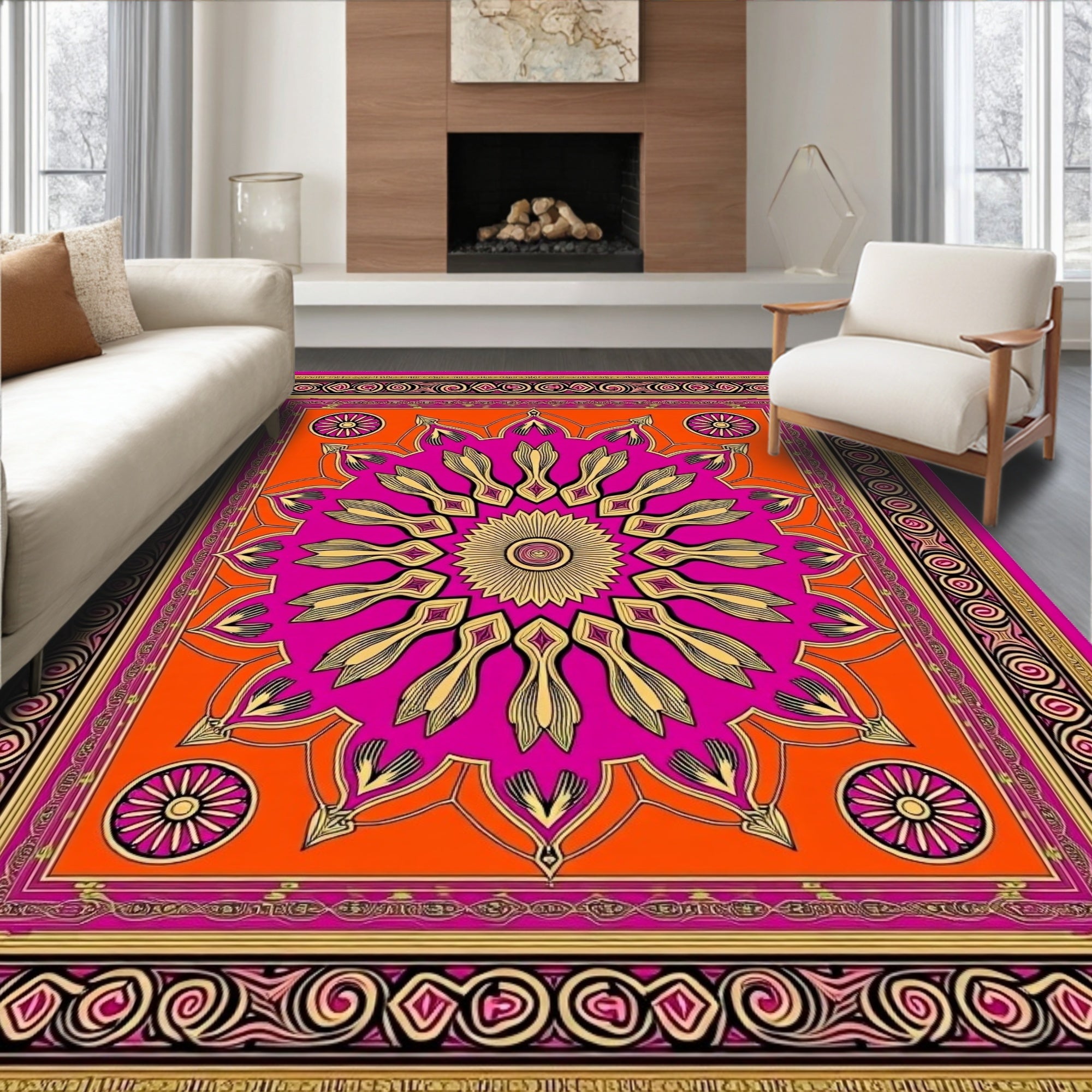 Vibrant Pink Orange Floral Mandala Rug