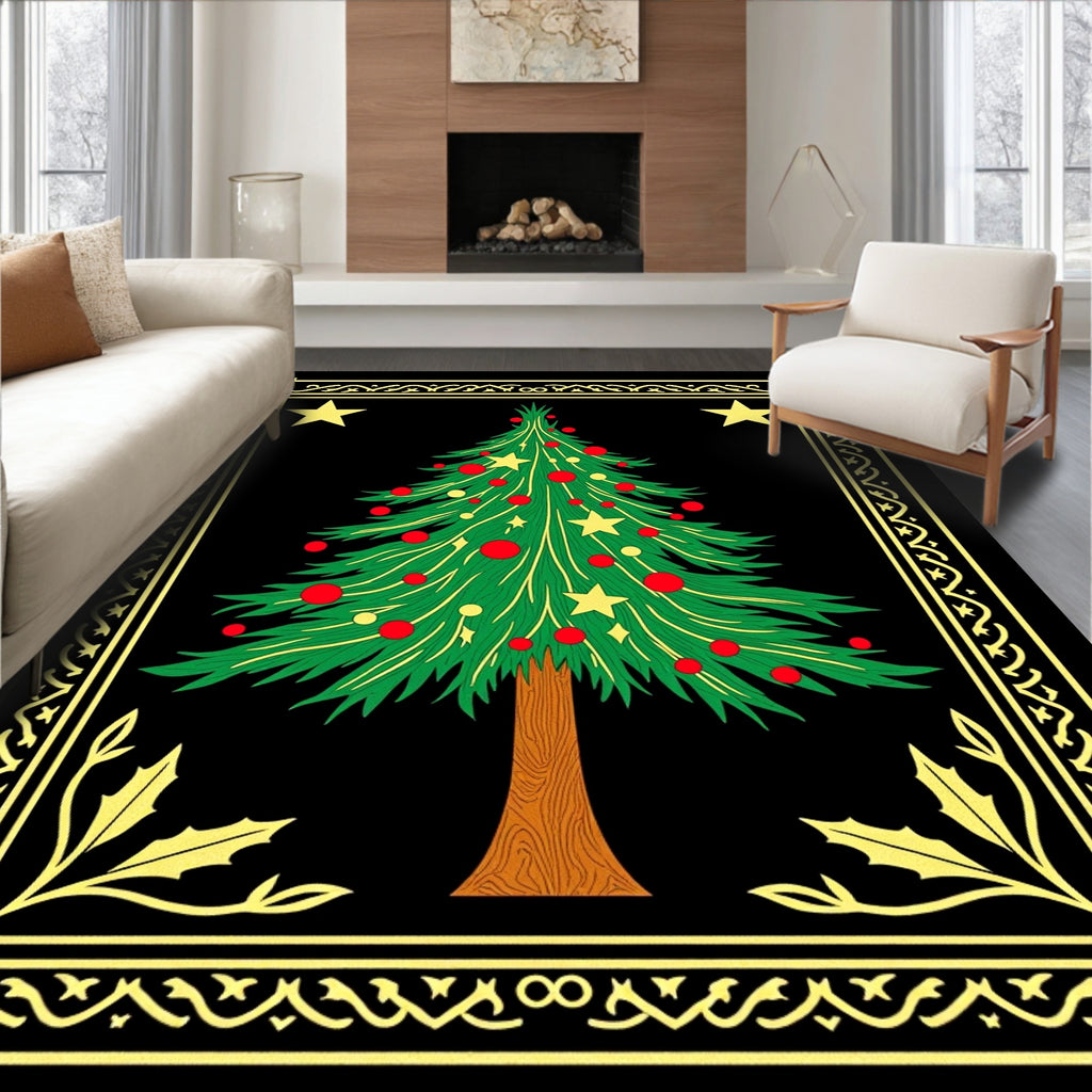 Festive Green Christmas Tree Gold Border Rug