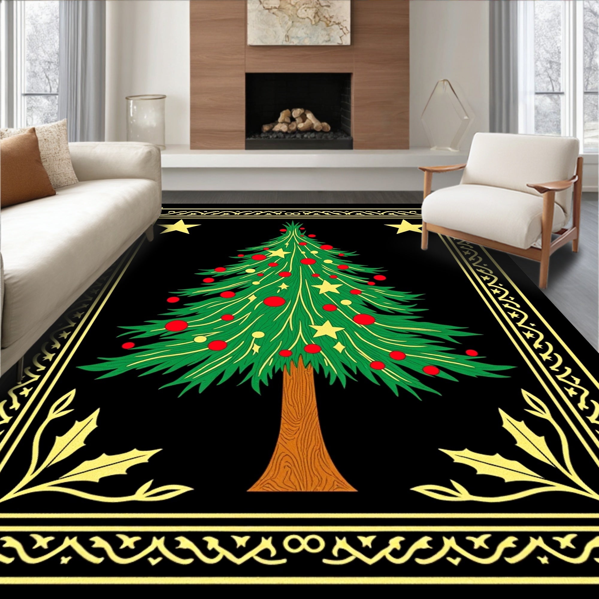 Festive Green Christmas Tree Gold Border Rug