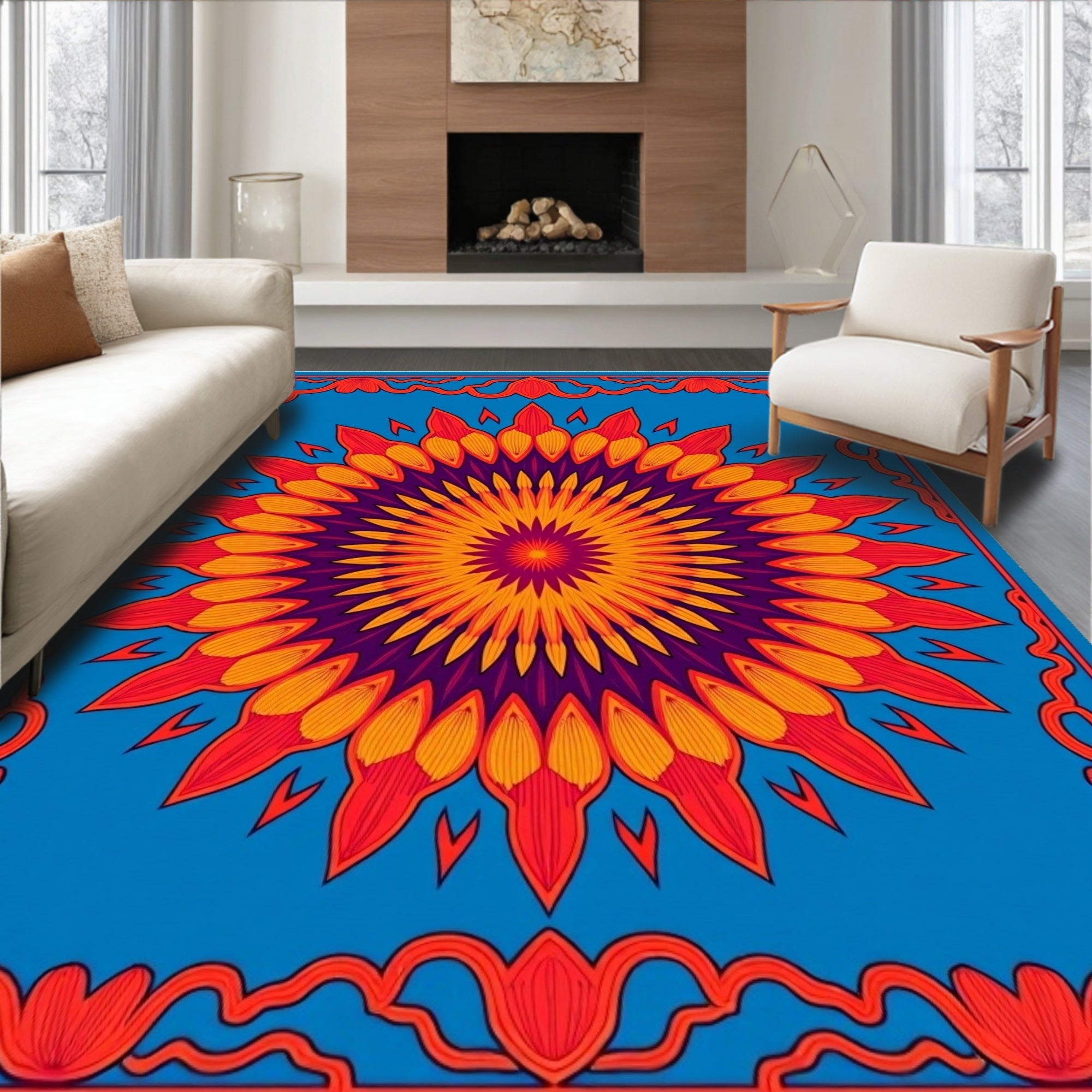 Vivid Crimson Sunburst Medallion Rug