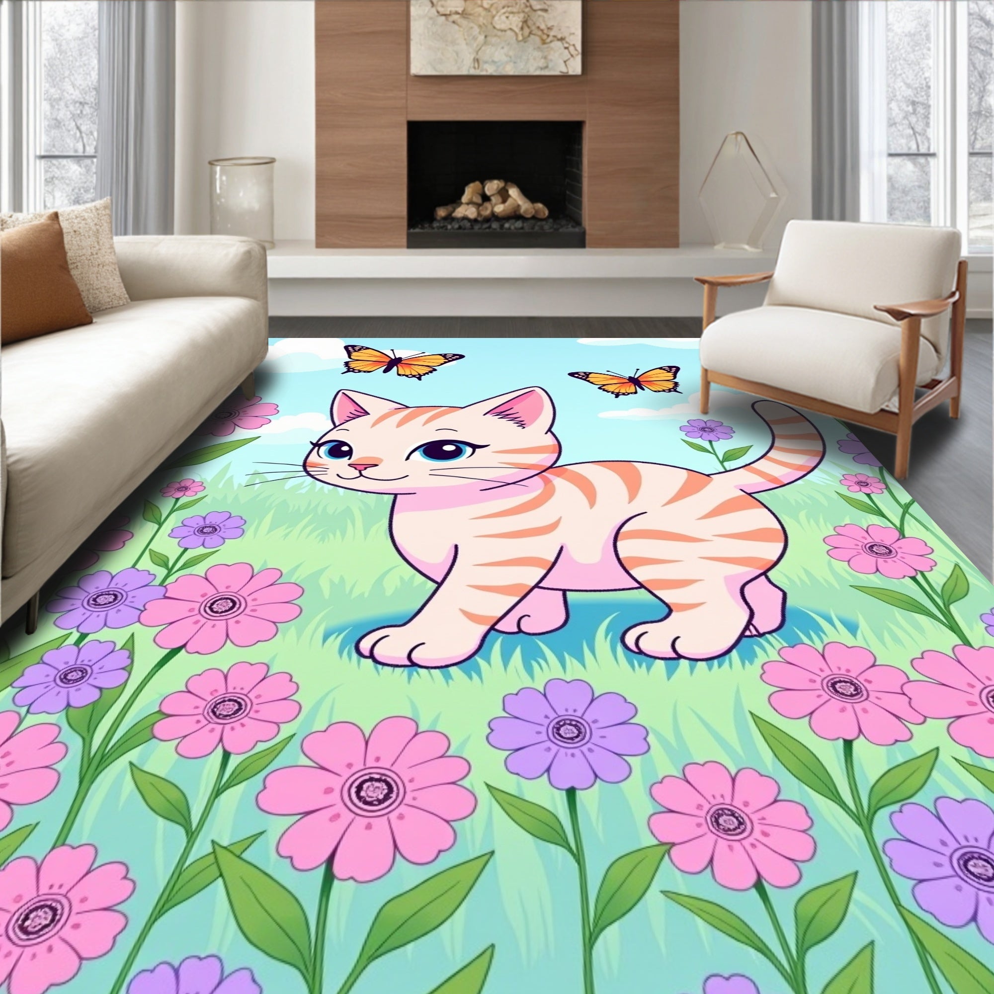 Whimsical Kitten And Butterflies Meadow Rug
