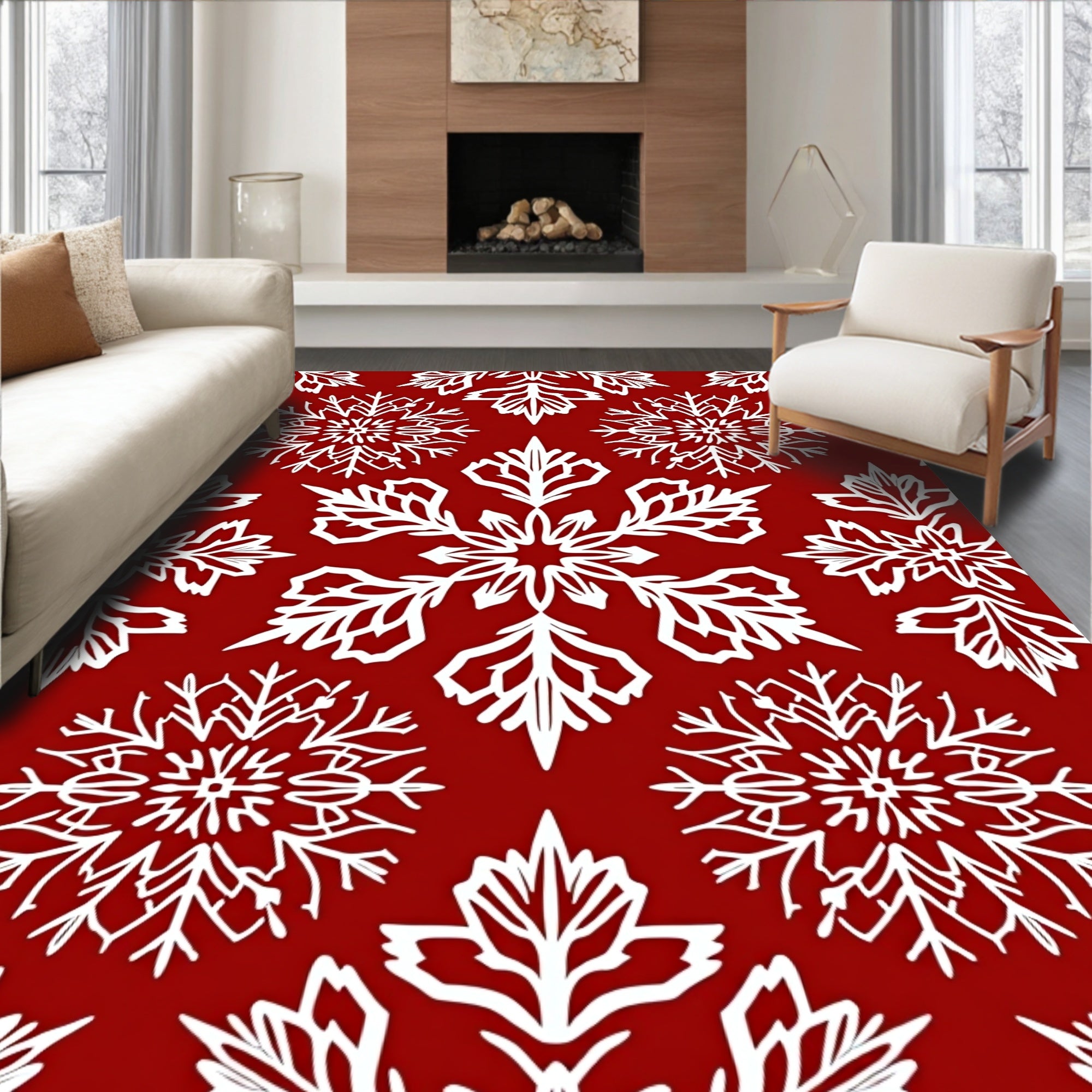 Red White Snowflake Winter Repeat Rug