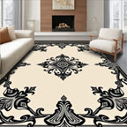 Ornate Black Floral Centerpiece Ivory Border Rug