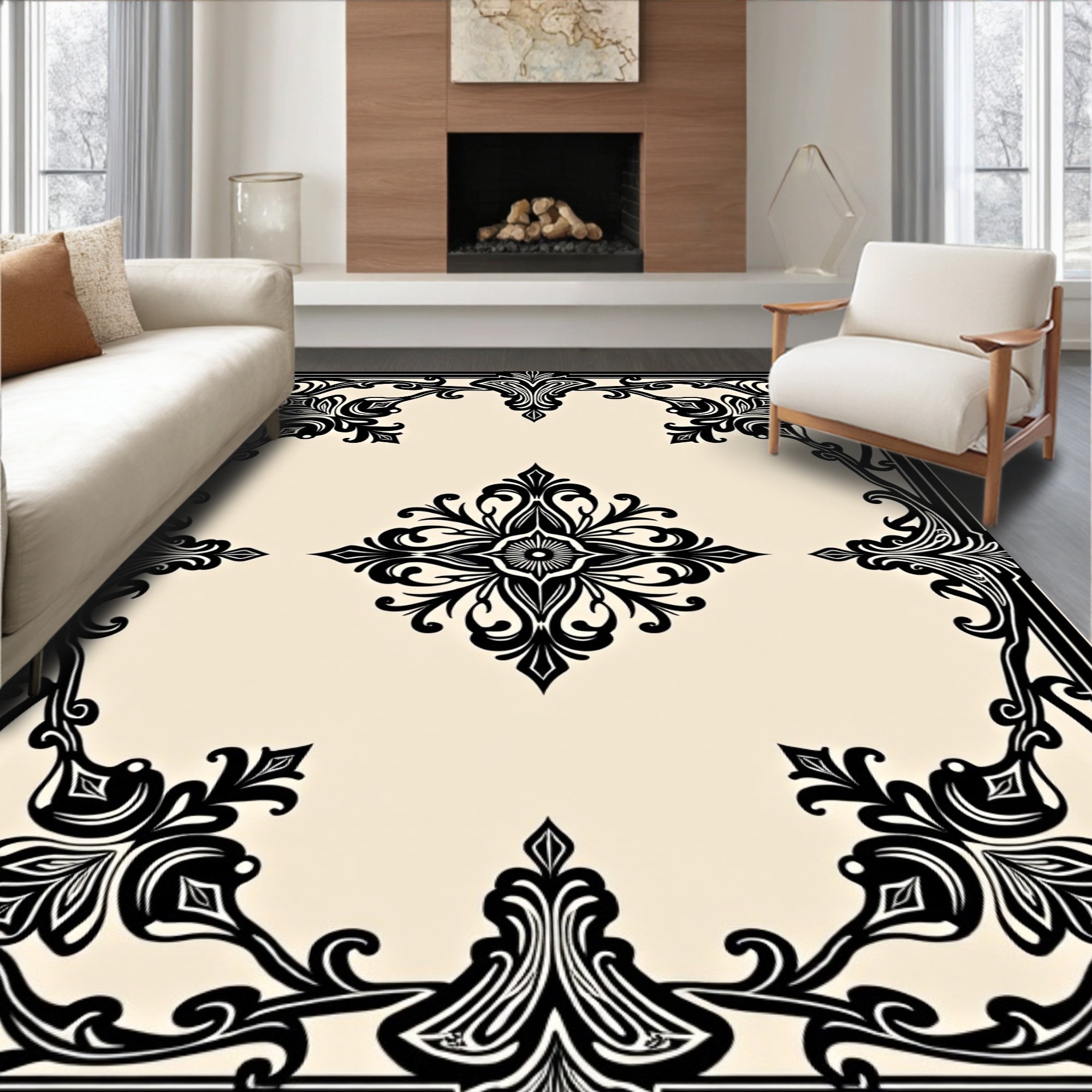 Ornate Black Floral Centerpiece Ivory Border Rug