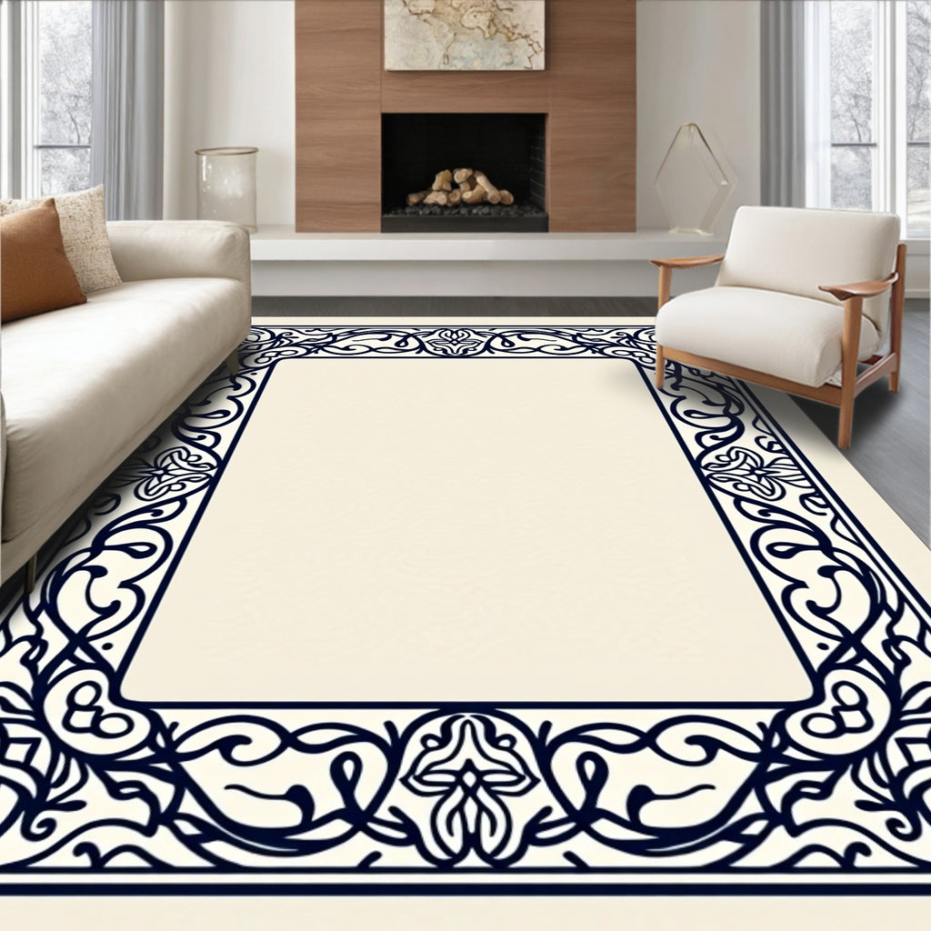 Dark Blue Ornate Scrollwork Border Rug