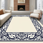 Dark Blue Ornate Scrollwork Border Rug
