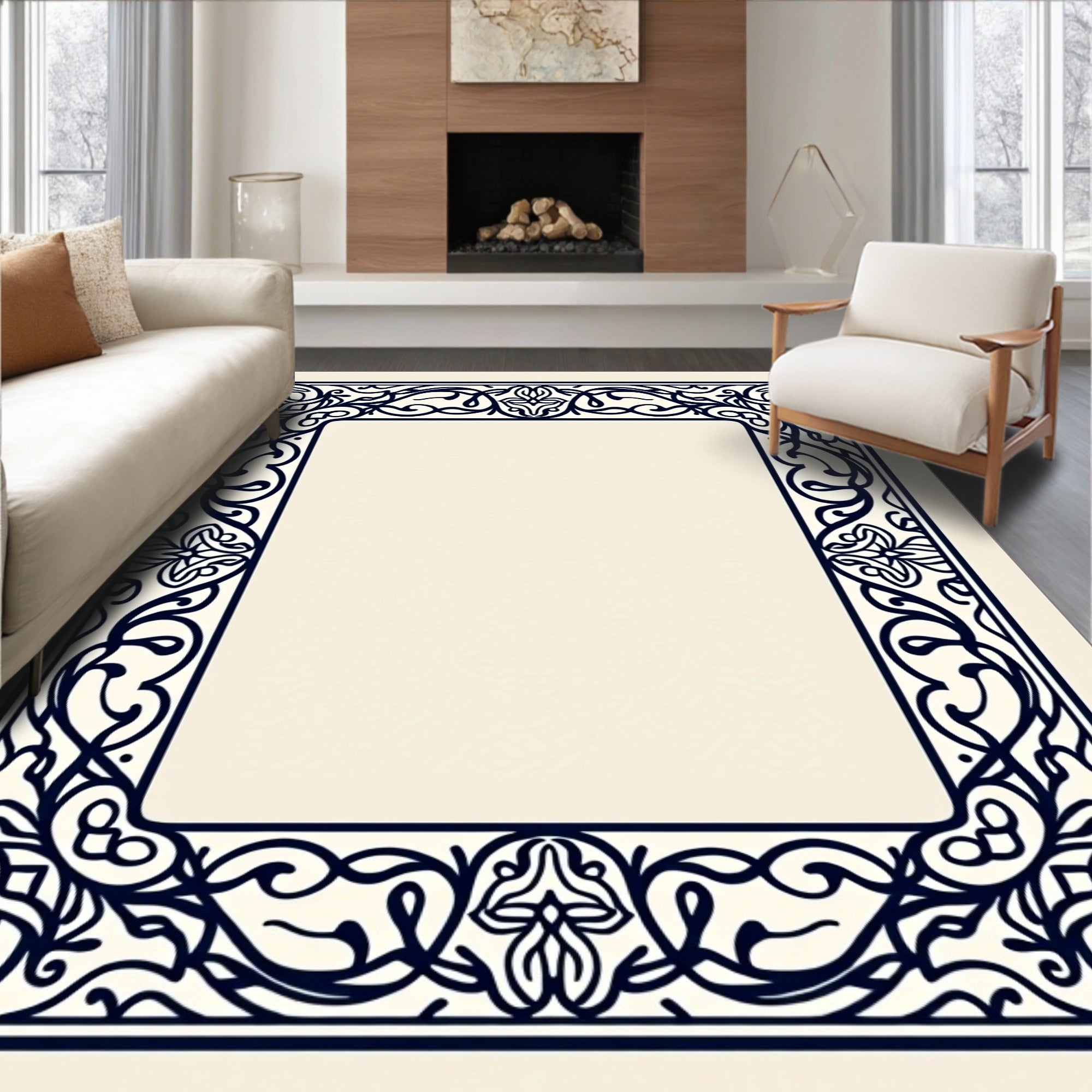 Dark Blue Ornate Scrollwork Border Rug