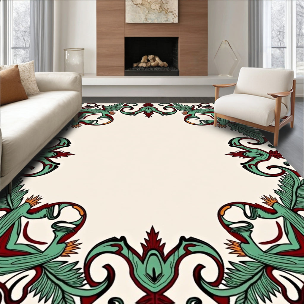 Emerald Red Baroque Floral Frame Rug