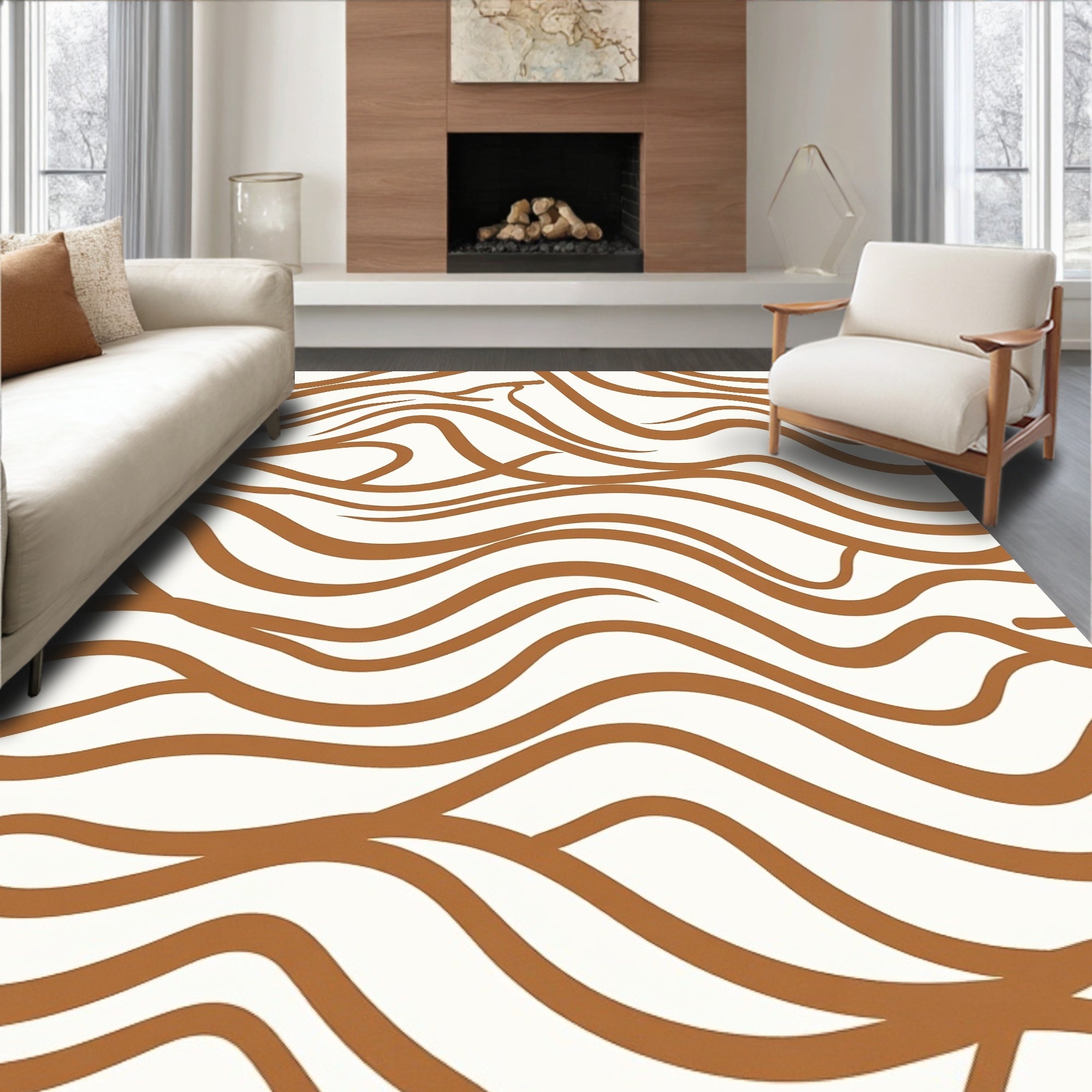 Warm Amber Abstract Wavy Lines Rug