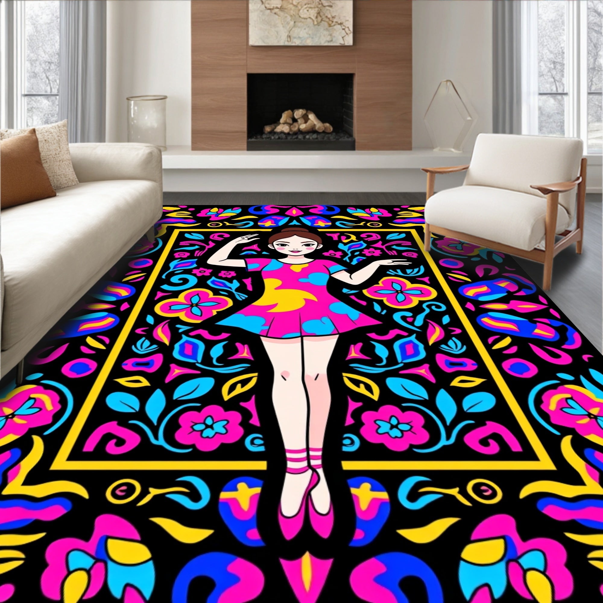 Vibrant Colorful Dancer Floral Frame Rug