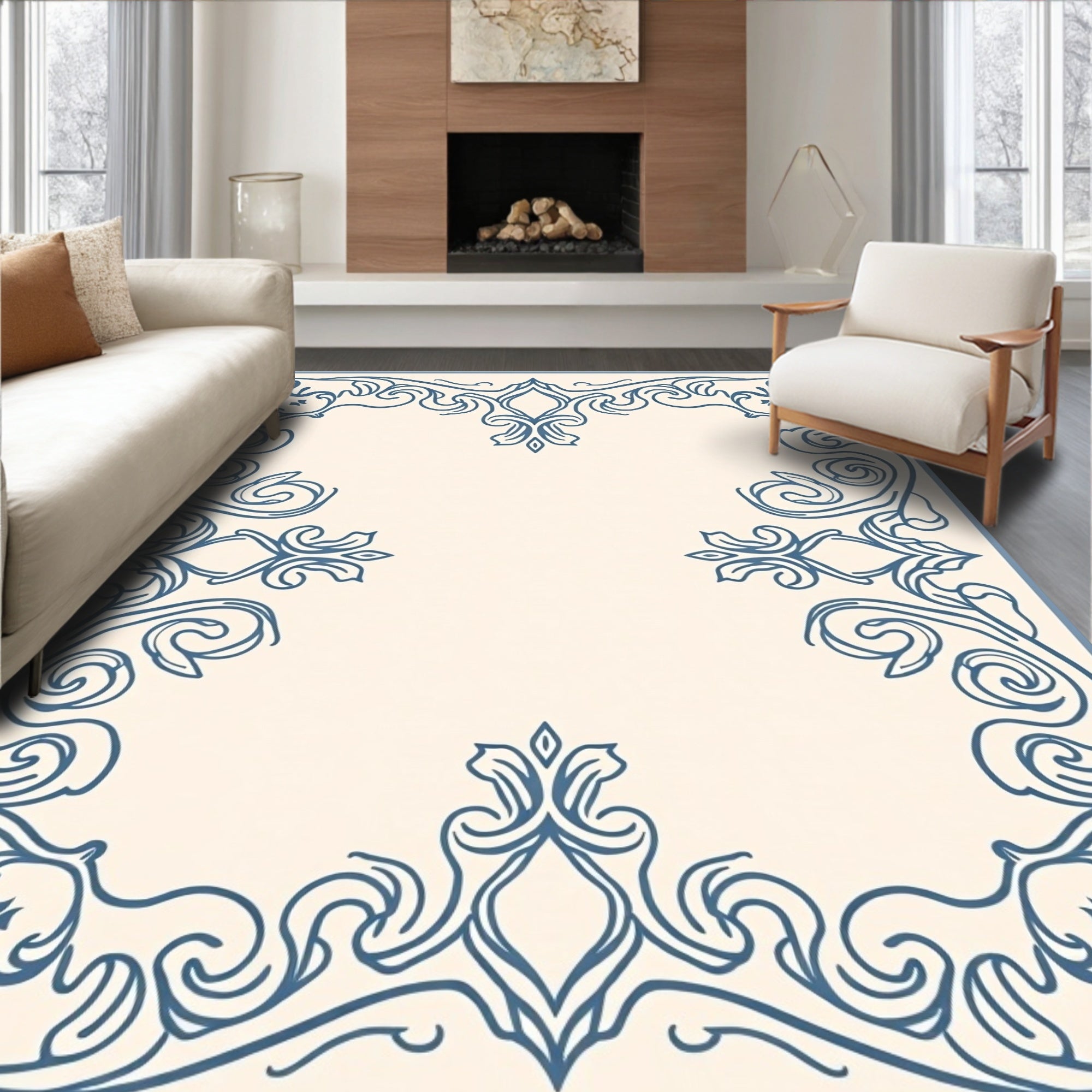 Elegant Blue Scrollwork Frame Rug