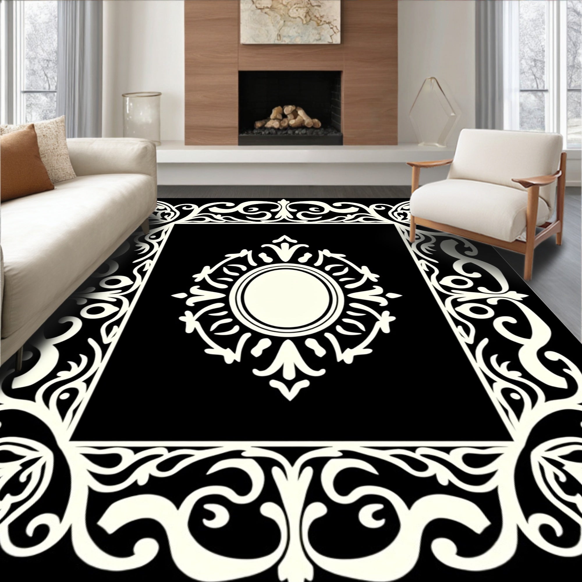 Vibrant Ivory Filigree Oval Frame Rug