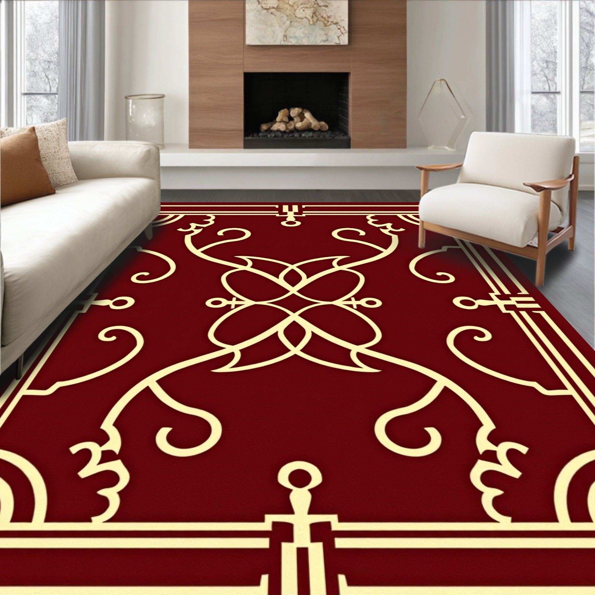 Deep Red Cream Symmetry Medallion Rug