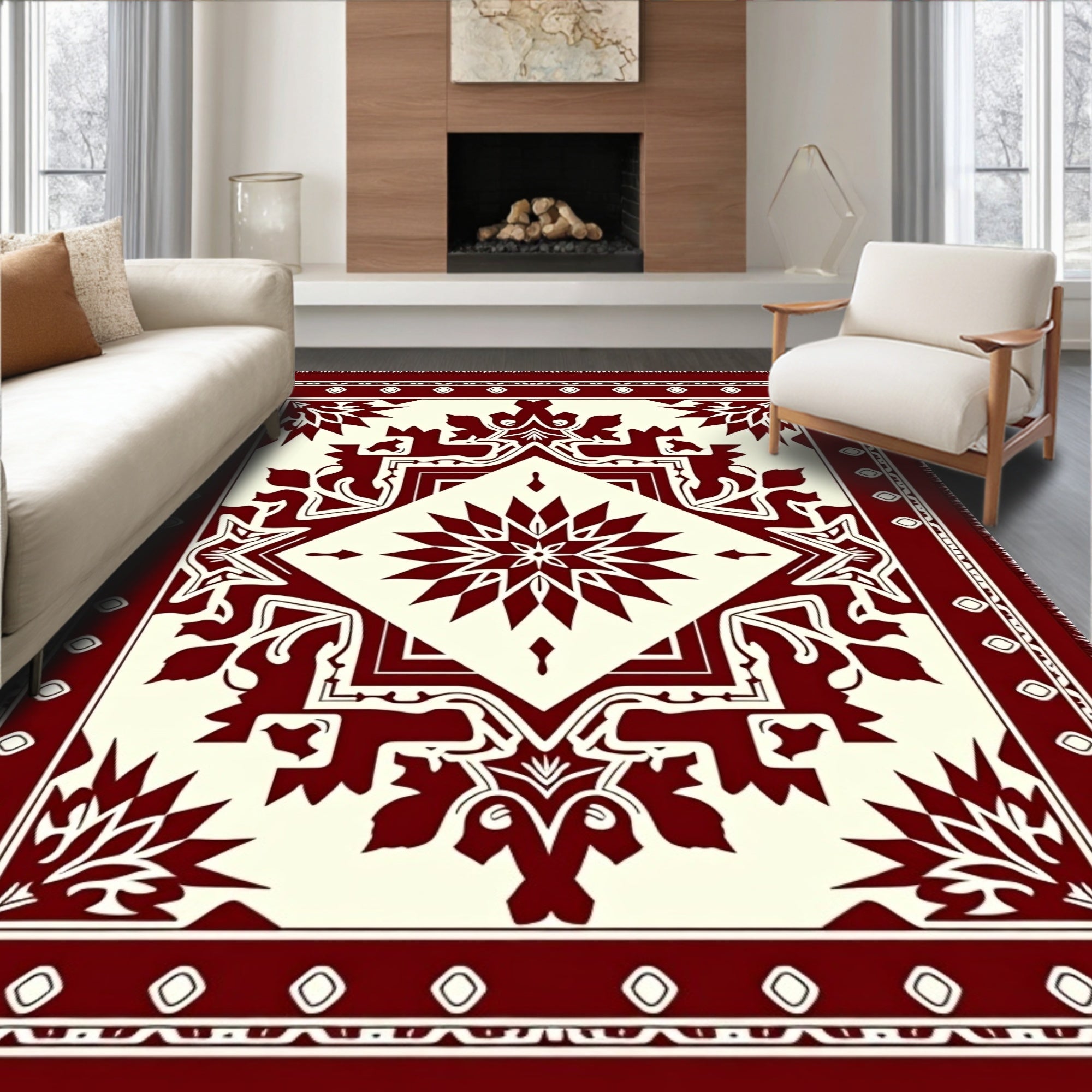 Crimson Ivory Geometric Starburst Medallion Rug