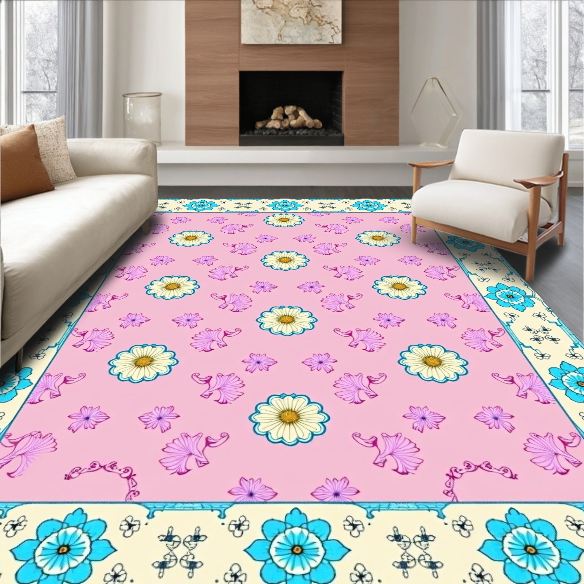 Pink Floral Garden Border Rug