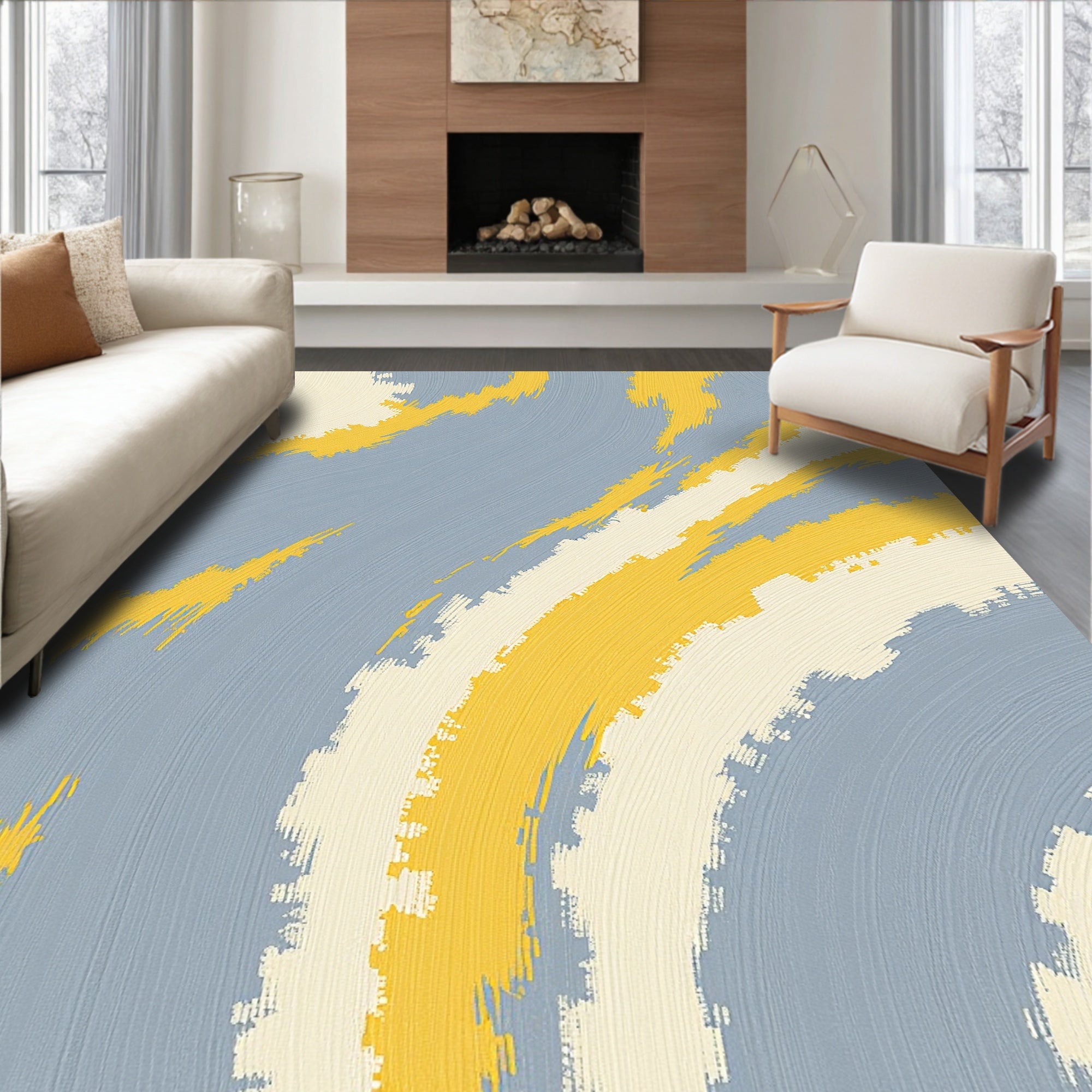 Textured Blue Yellow Brushstroke Swirls Rug