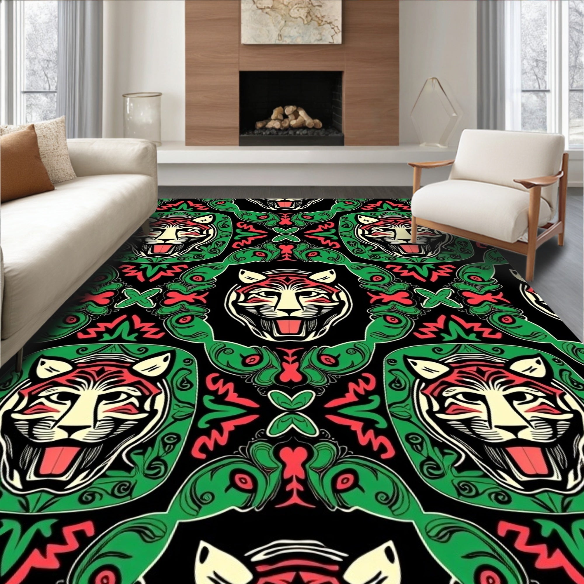 Bold Red Tiger Face Green Frame Rug